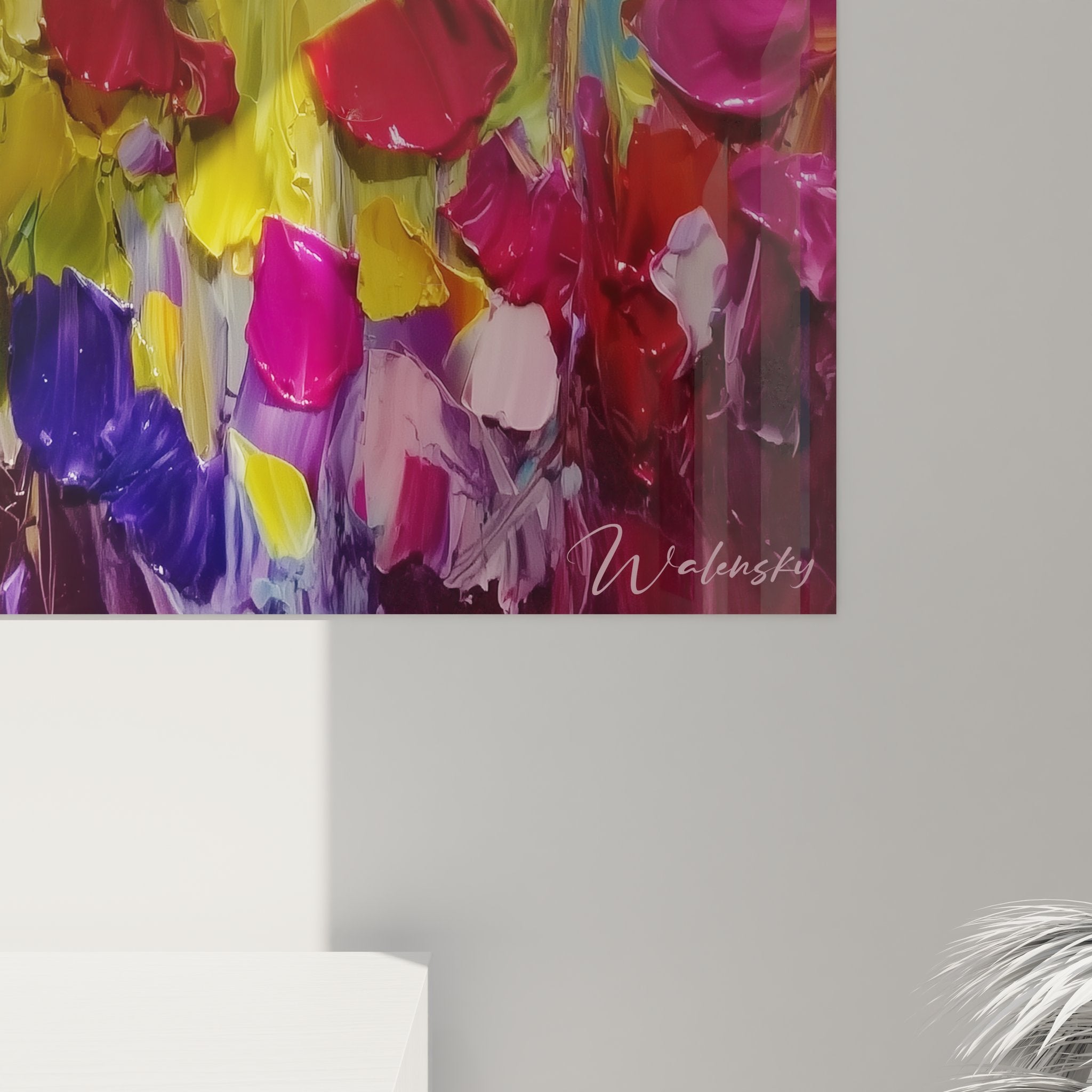 Mountain landscape painting with flowers - alpine nature wall art interior decoration