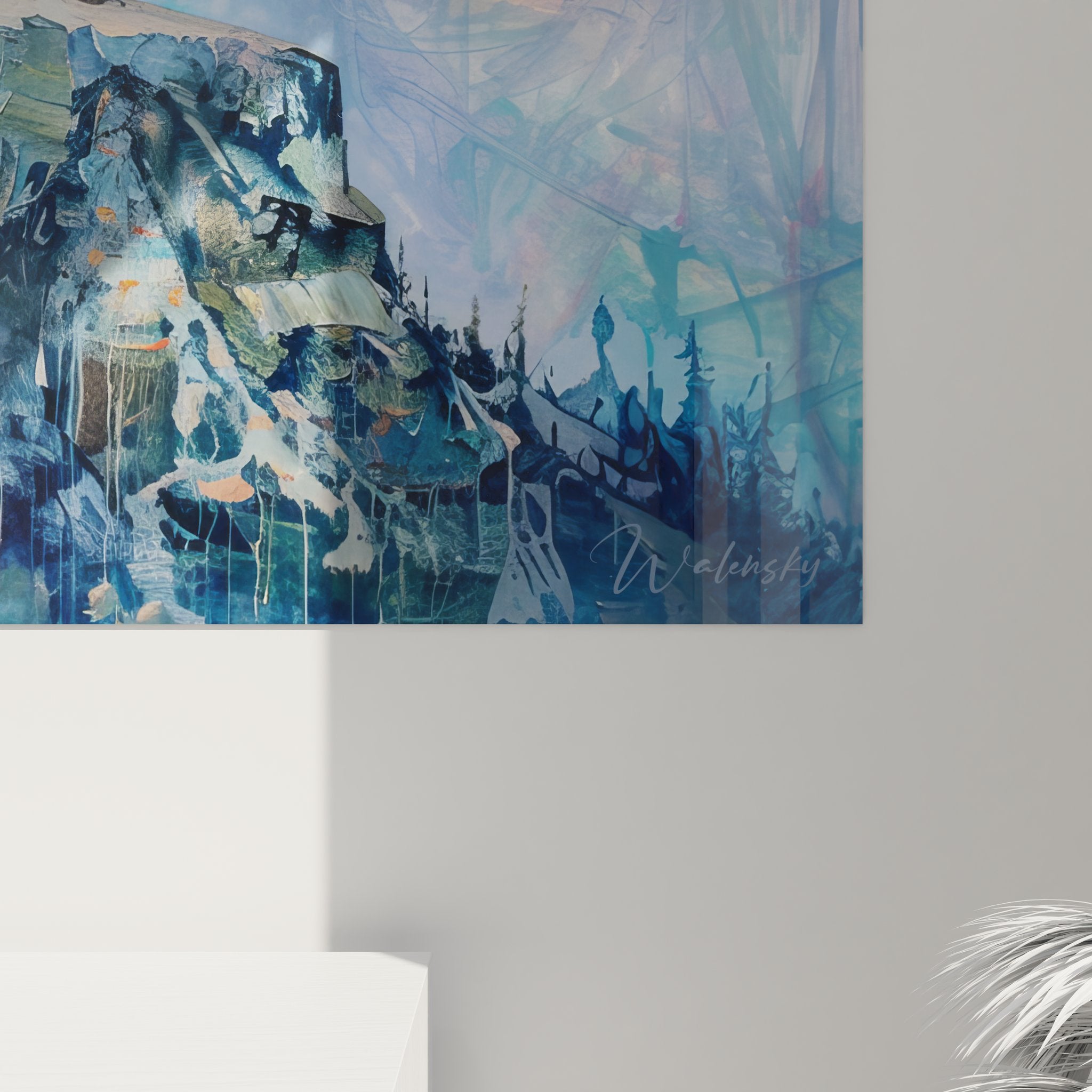 Vue ensemble tableau paysage montagnard falaise avec chaîne de sommets bleus