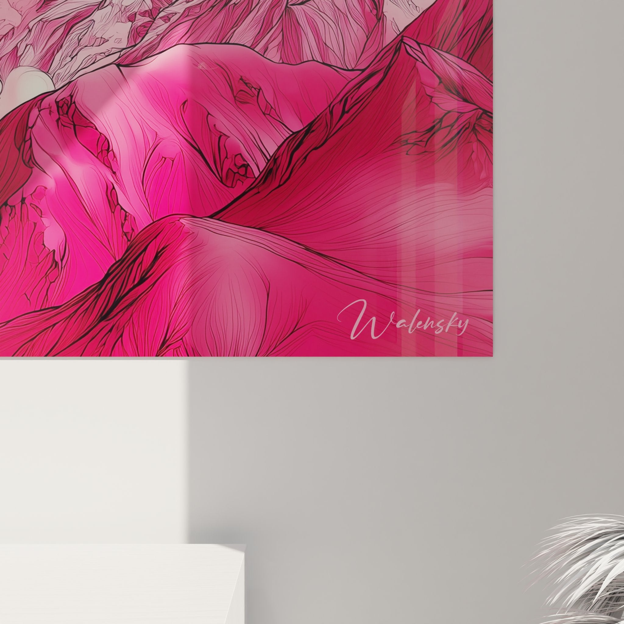 Vue d'ensemble tableau paysage montagne rose avec cadre moderne sur mur blanc