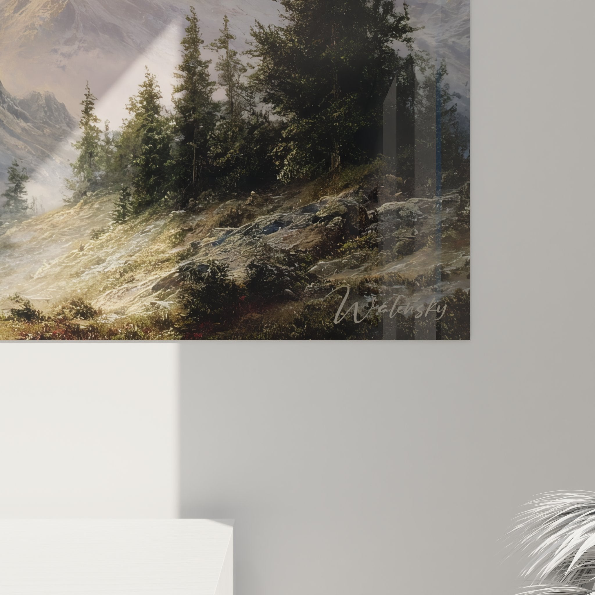 Vue d'ensemble tableau paysage montagneux décoratif avec cadre élégant sur mur blanc