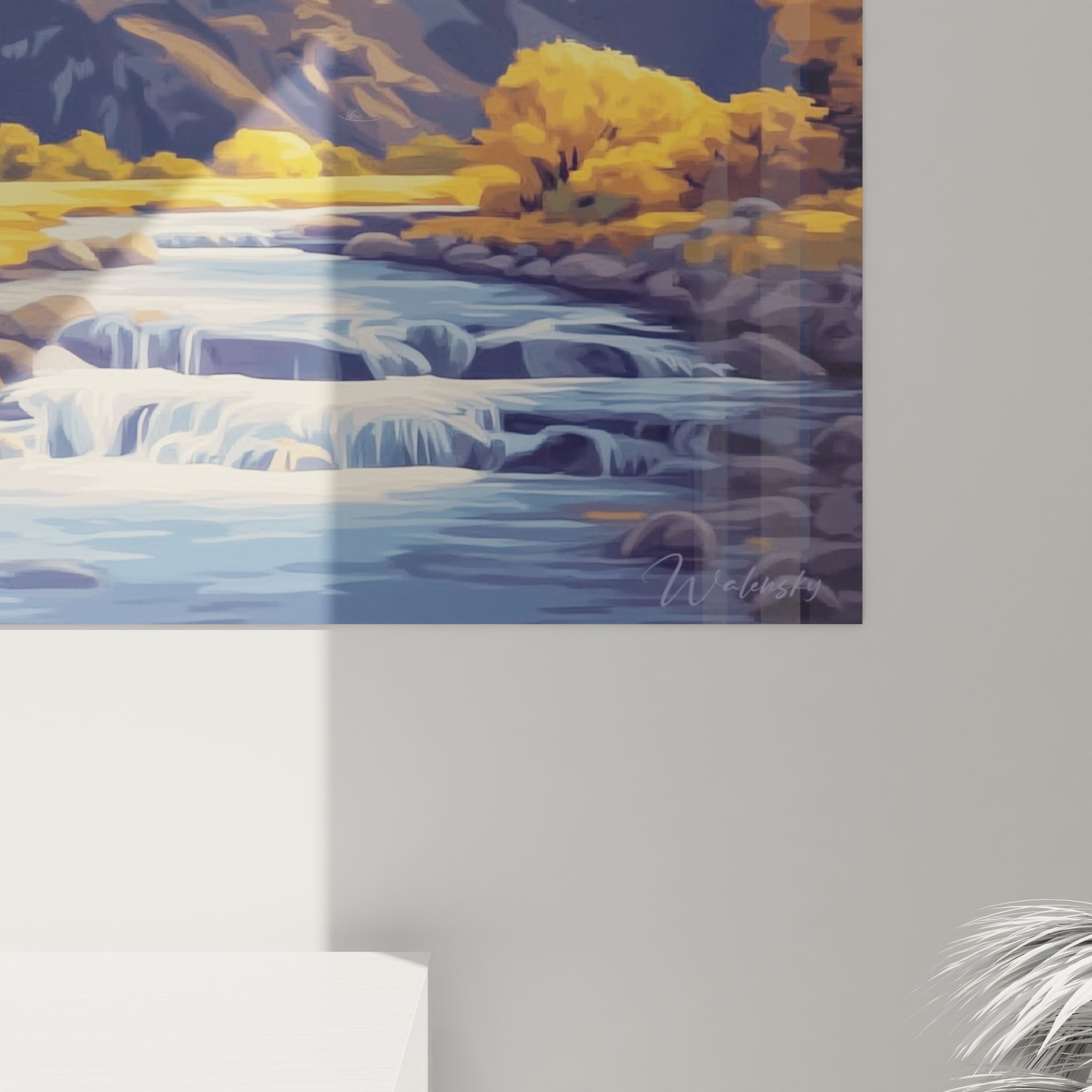 Vue ensemble tableau paysage montagneux - œuvre murale complète vallée glacée dorée