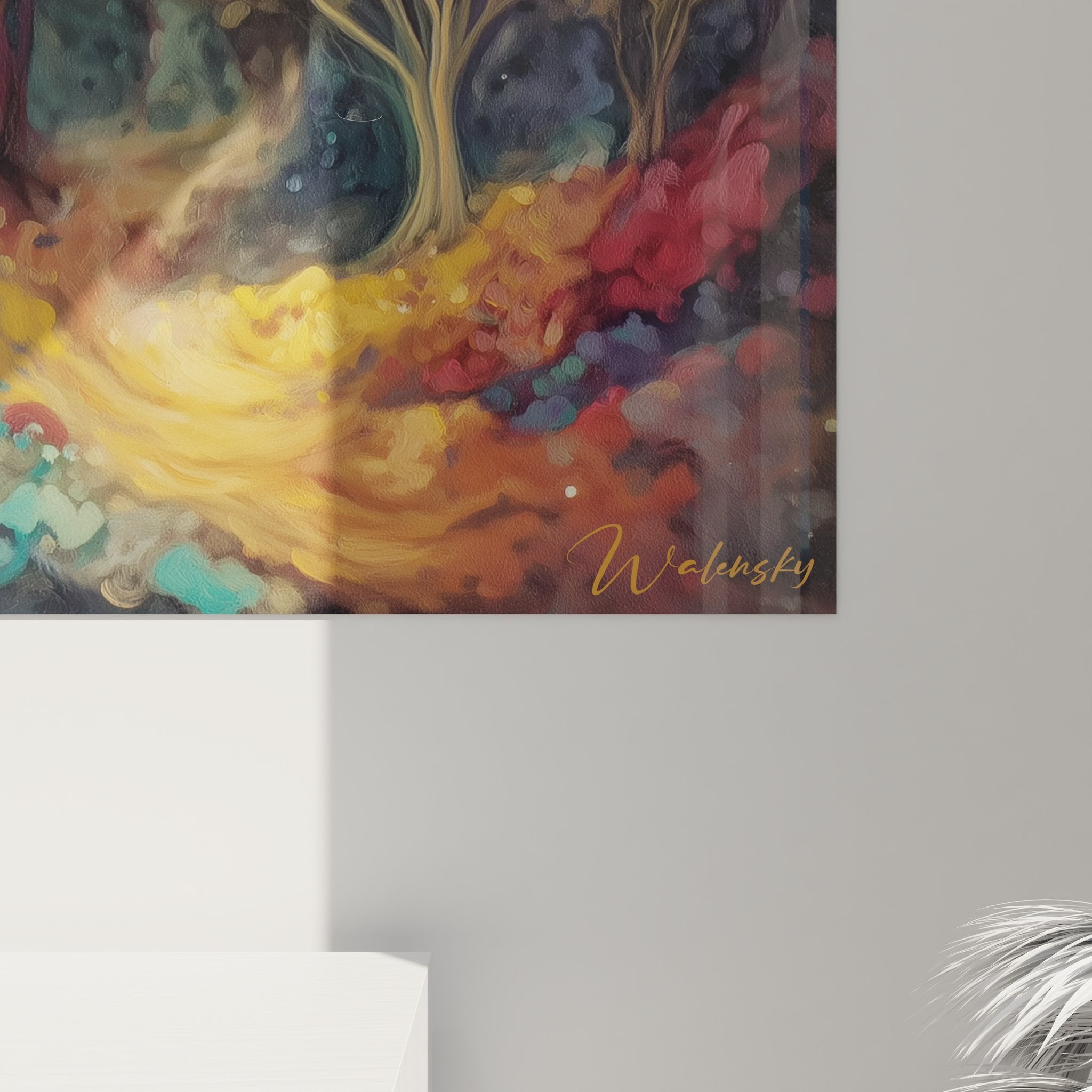 Vue d'ensemble tableau mural paysage onirique avec lune éclatante et végétation aux couleurs vives