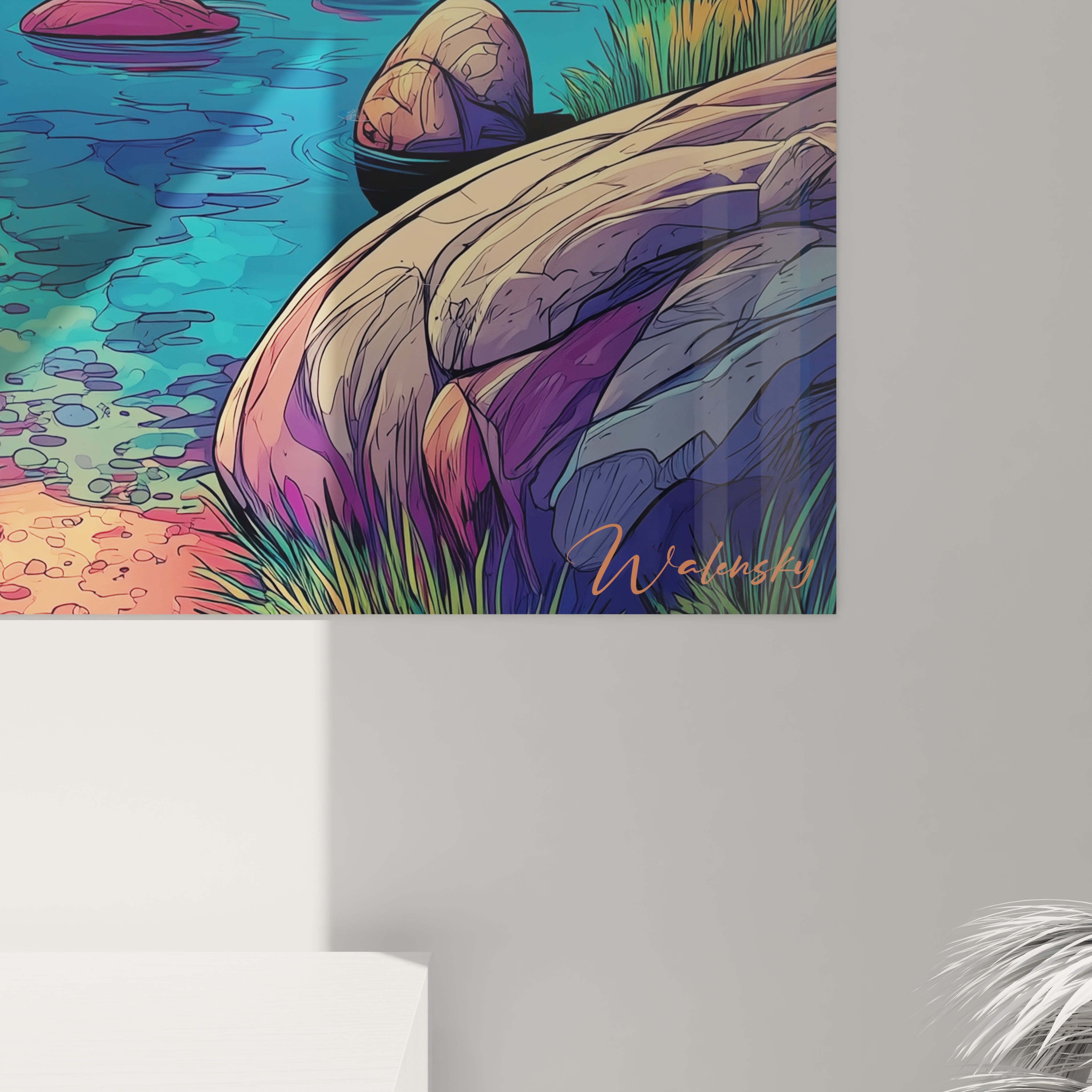 Vue ensemble tableau mural grand format paysage fantastique rivière enchantée couleurs vives style BD décoratif