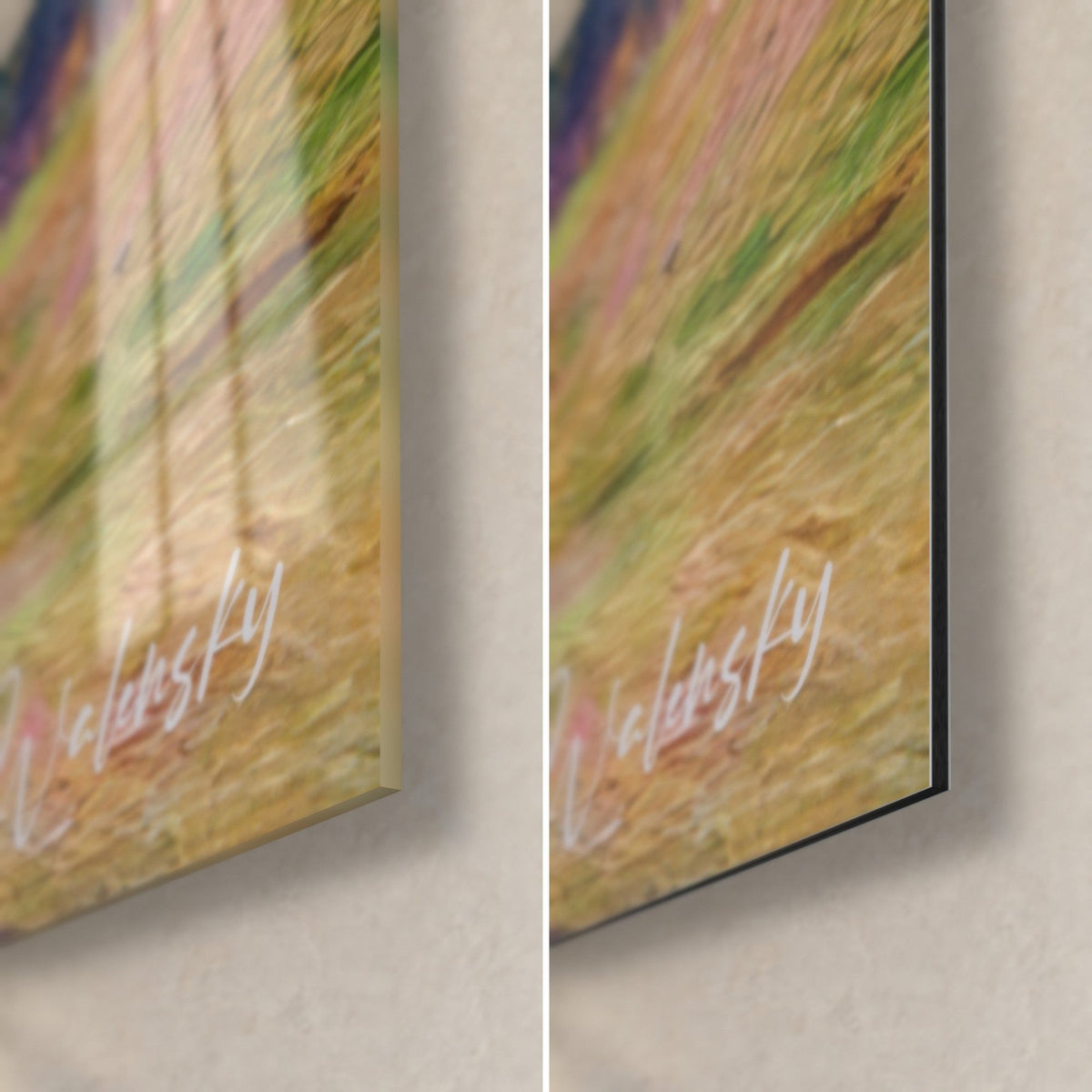 Schilderij landelijke oever met dikke groene en okerkleurige penseelstreken, rechteronderhoek in glanzend glas en mat Dibond-aluminium, 3 mm dik