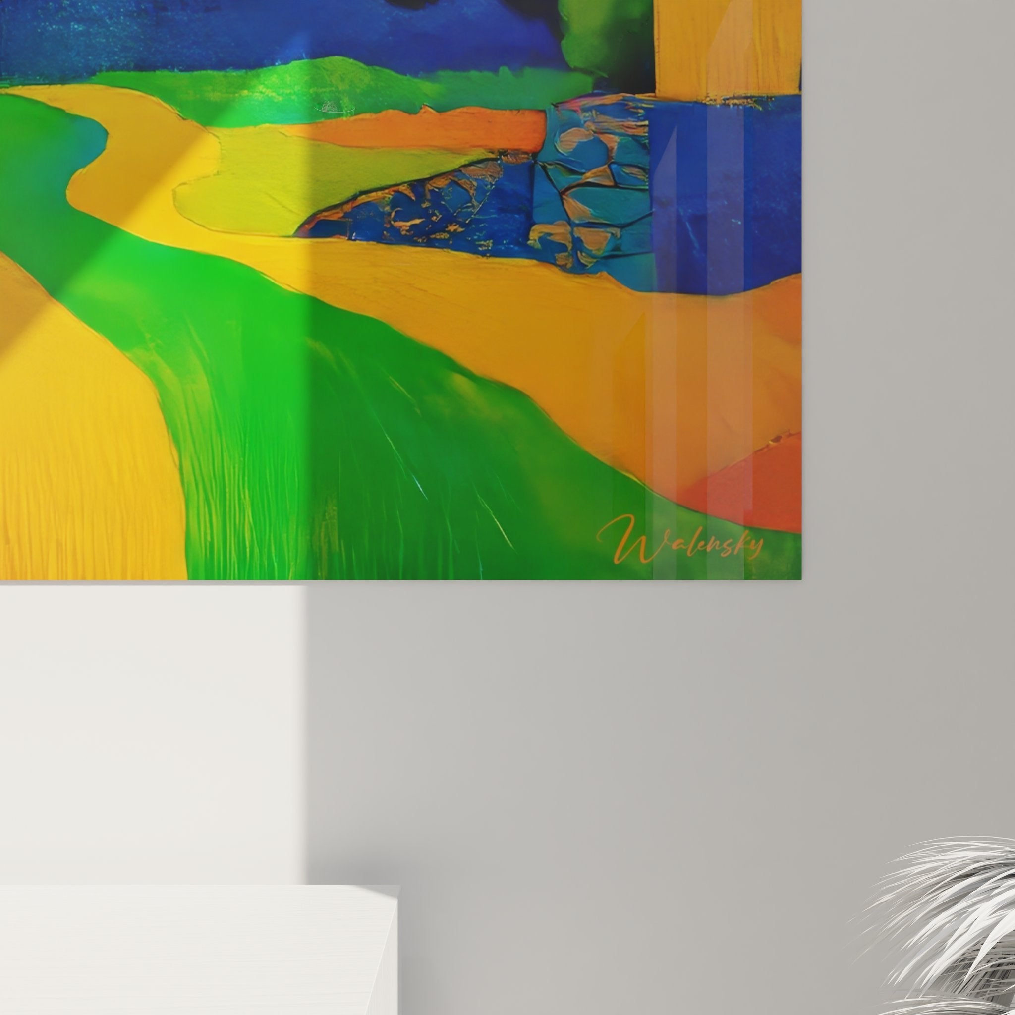 Vue d'ensemble tableau paysage rural coloré - œuvre d'art murale aux tons orange, vert et bleu