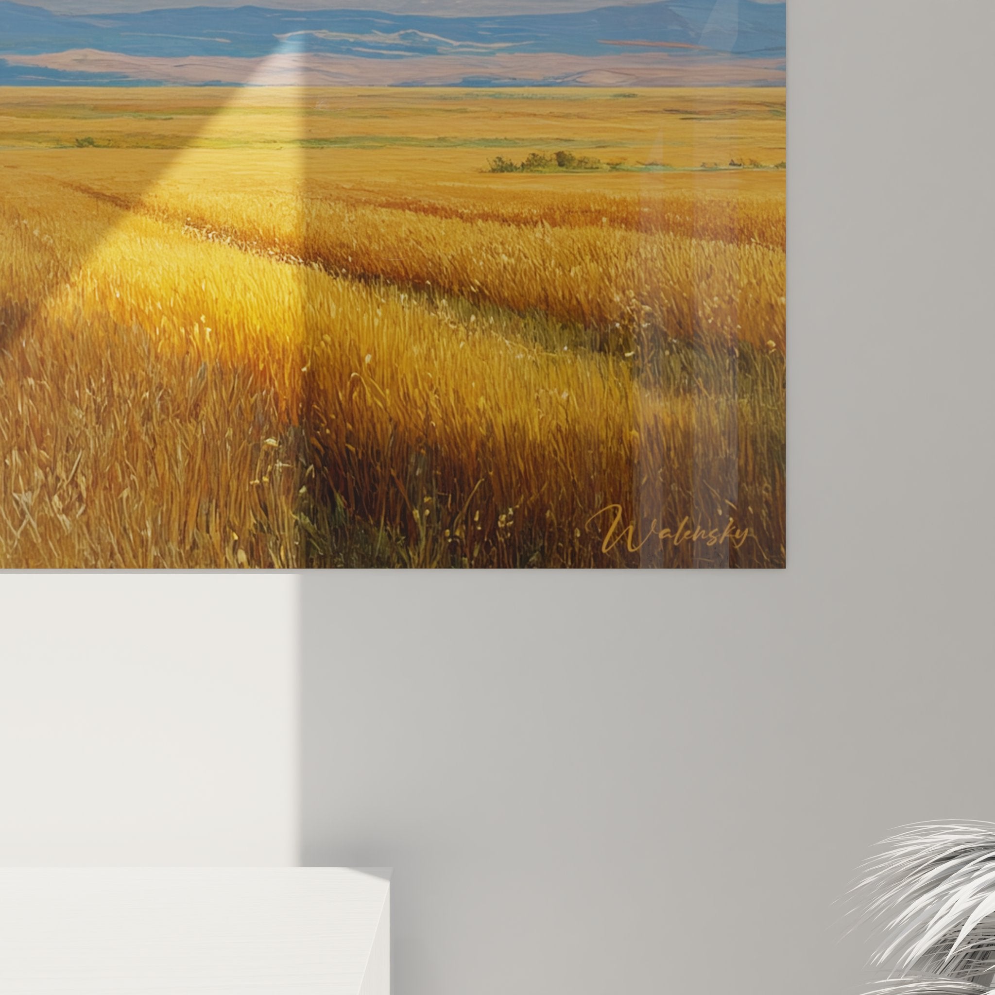 Vue ensemble tableau paysage rural campagne champ blé arbre ciel nuageux décoration murale