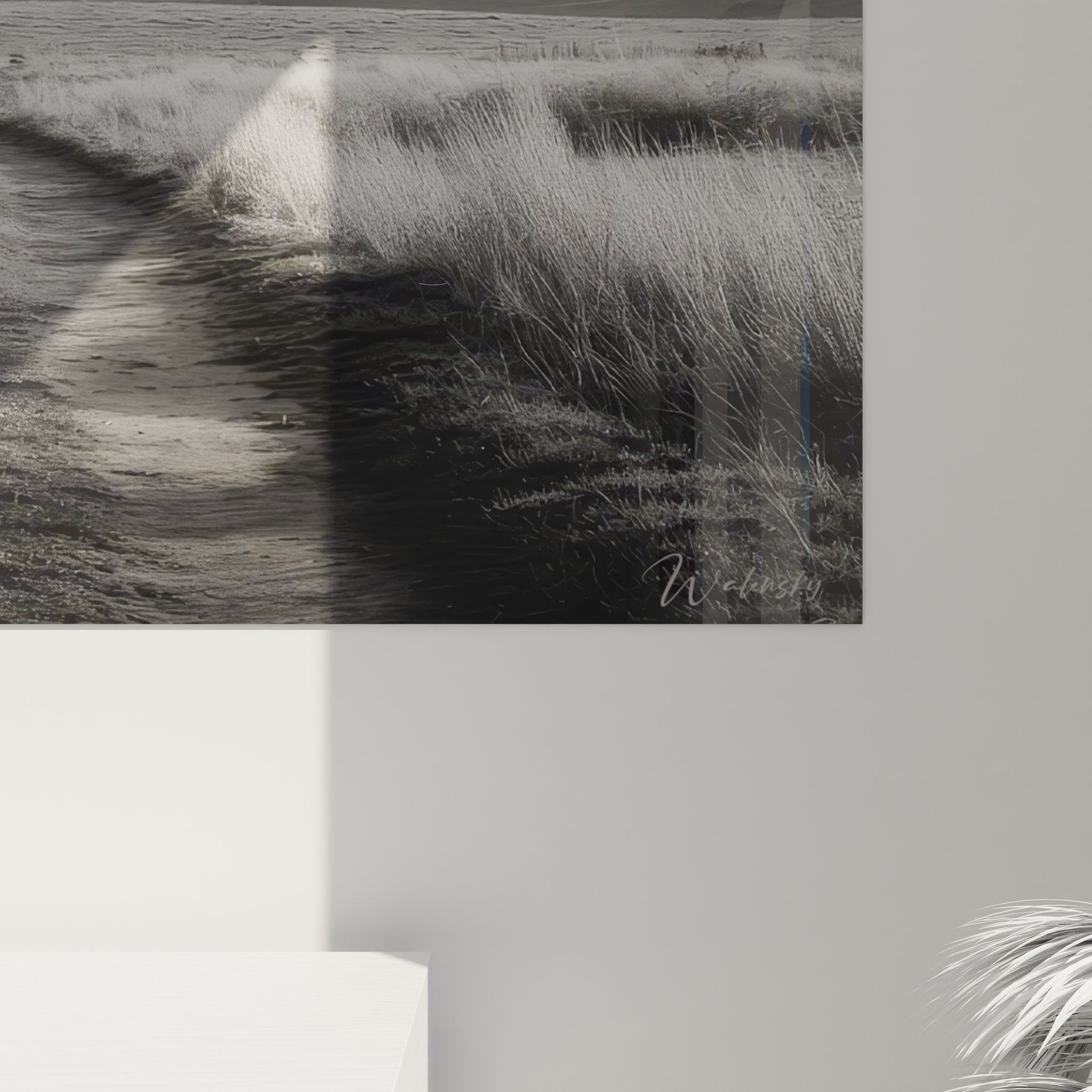 Vue ensemble tableau mural paysage rural noir et blanc dans décoration intérieure campagnarde