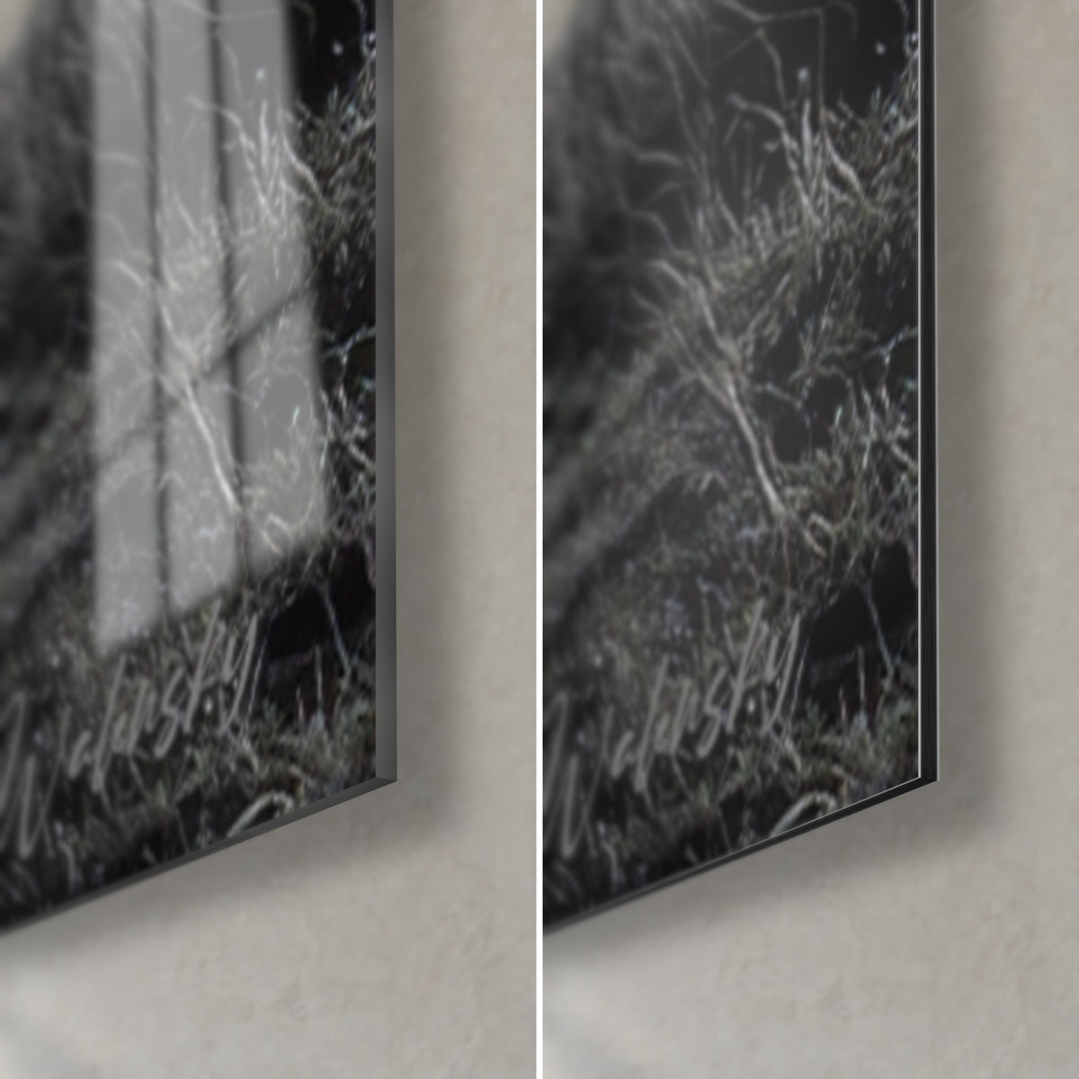Wall art Black and white rural path, graphite dry grasses and white highlights on the glossy glass, 3 mm thick, matte Dibond