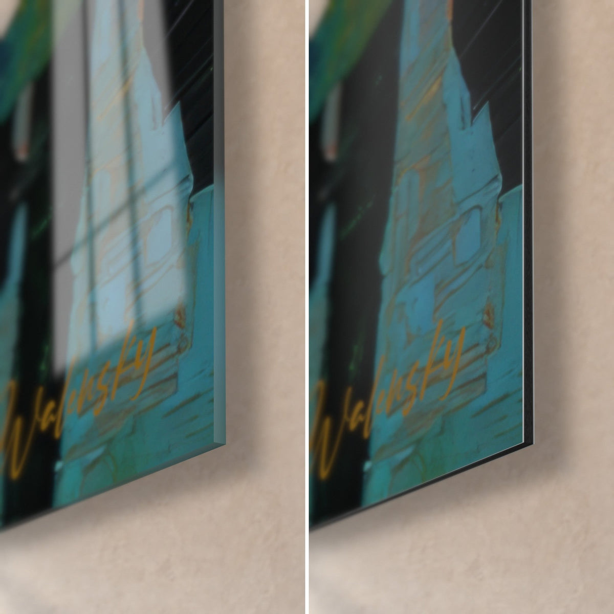 Tableau pont rouge et arbres turquoise, coin bas droit : verre acrylique brillant à gauche, alu Dibond mat à droite, tranche 3 mm