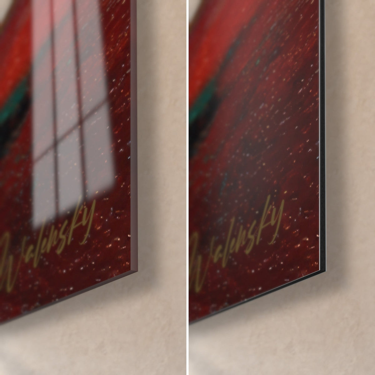 Wall art cyan blue and red earth meander, bottom right corner: glossy acrylic glass on the left, matte Dibond aluminium on the right, thin edge
