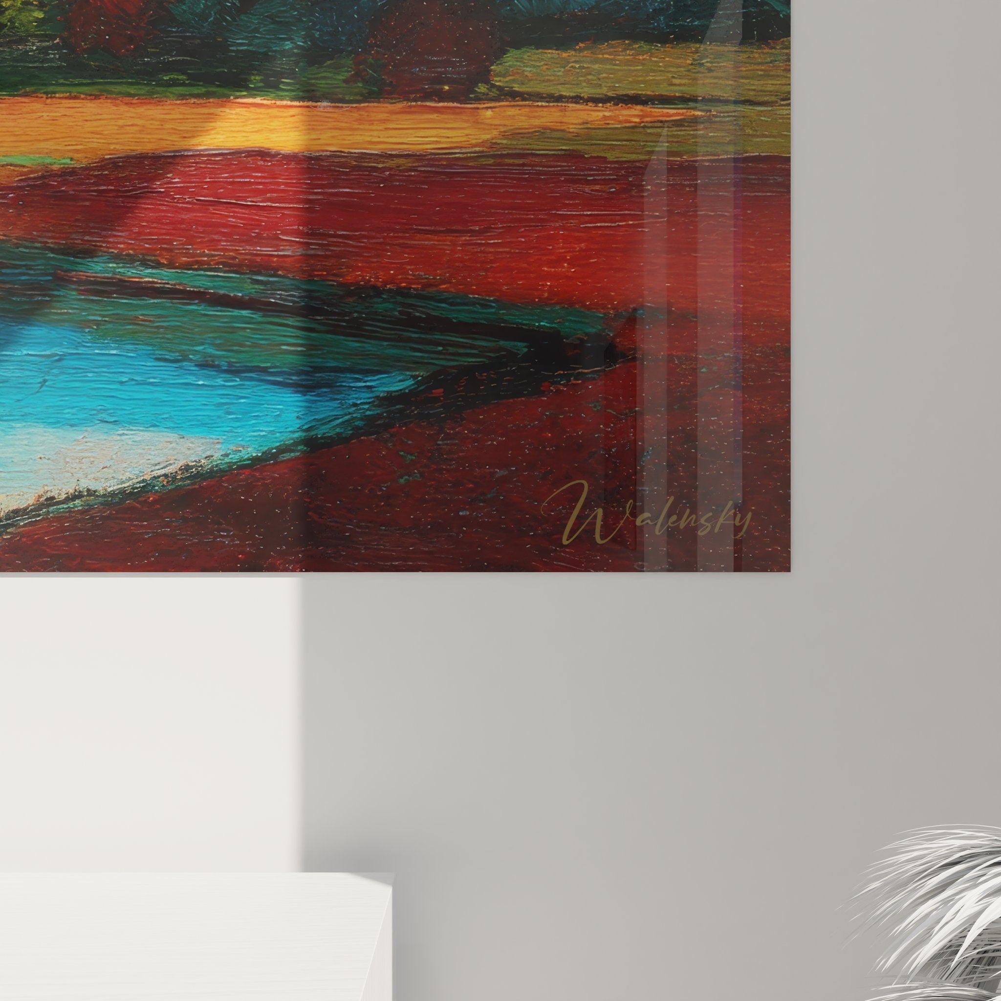 Vue ensemble tableau paysage rural rivière sinueuse champs colorés art mural campagne