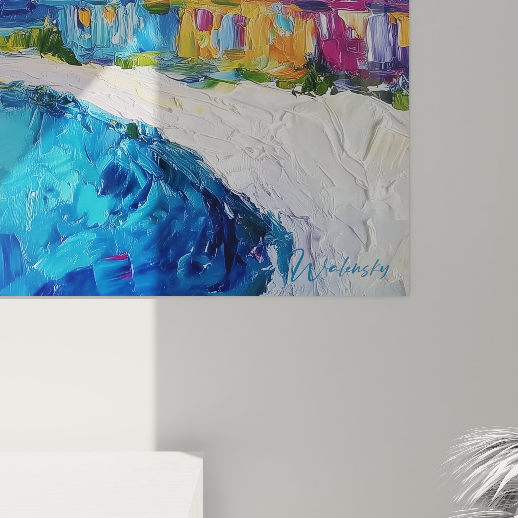 Vue ensemble tableau mural paysage tropical avec palmiers, habitations colorées et reflets soleil sur océan