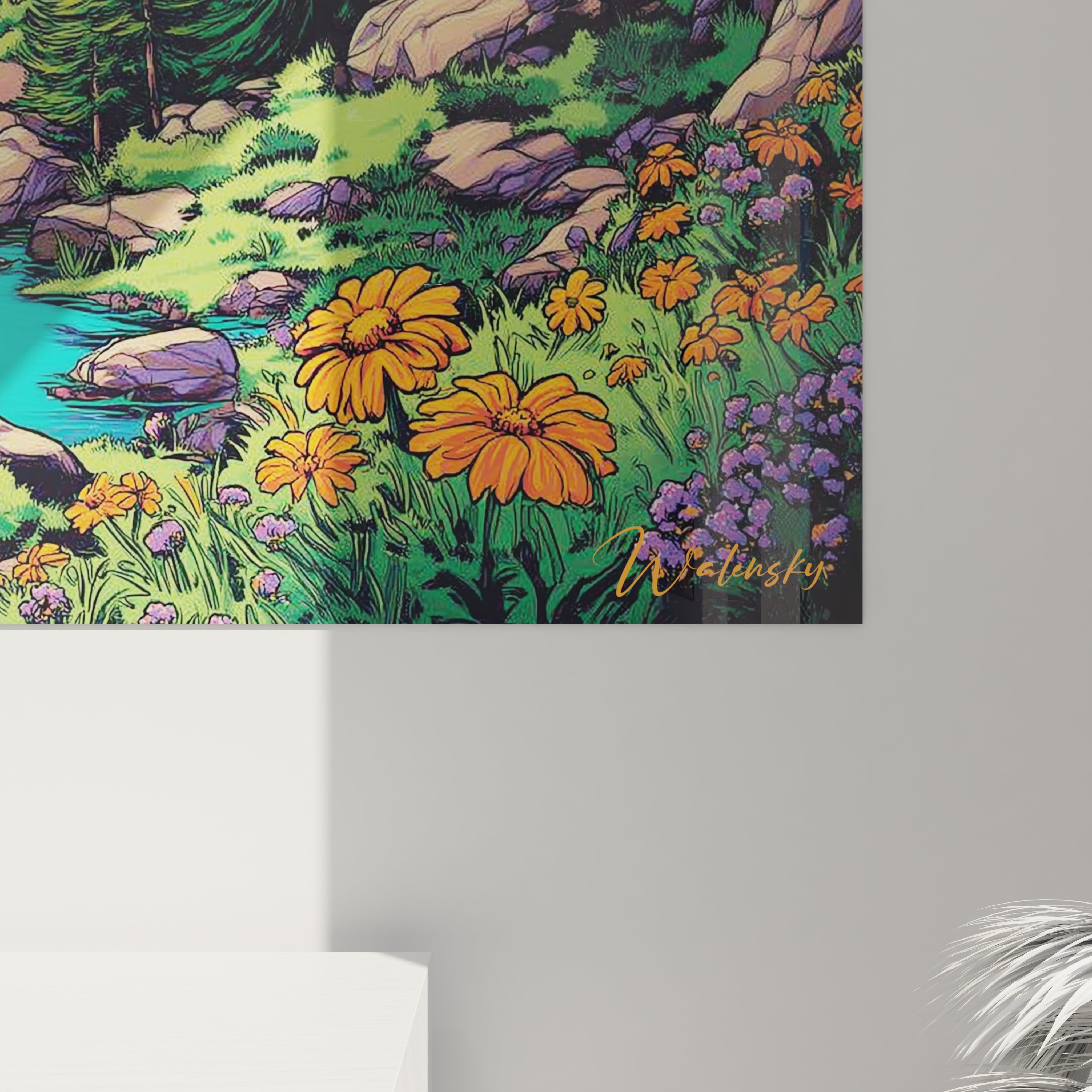 Vue ensemble tableau mural paysage tropicale bande dessinée avec coucher soleil et nature stylisée