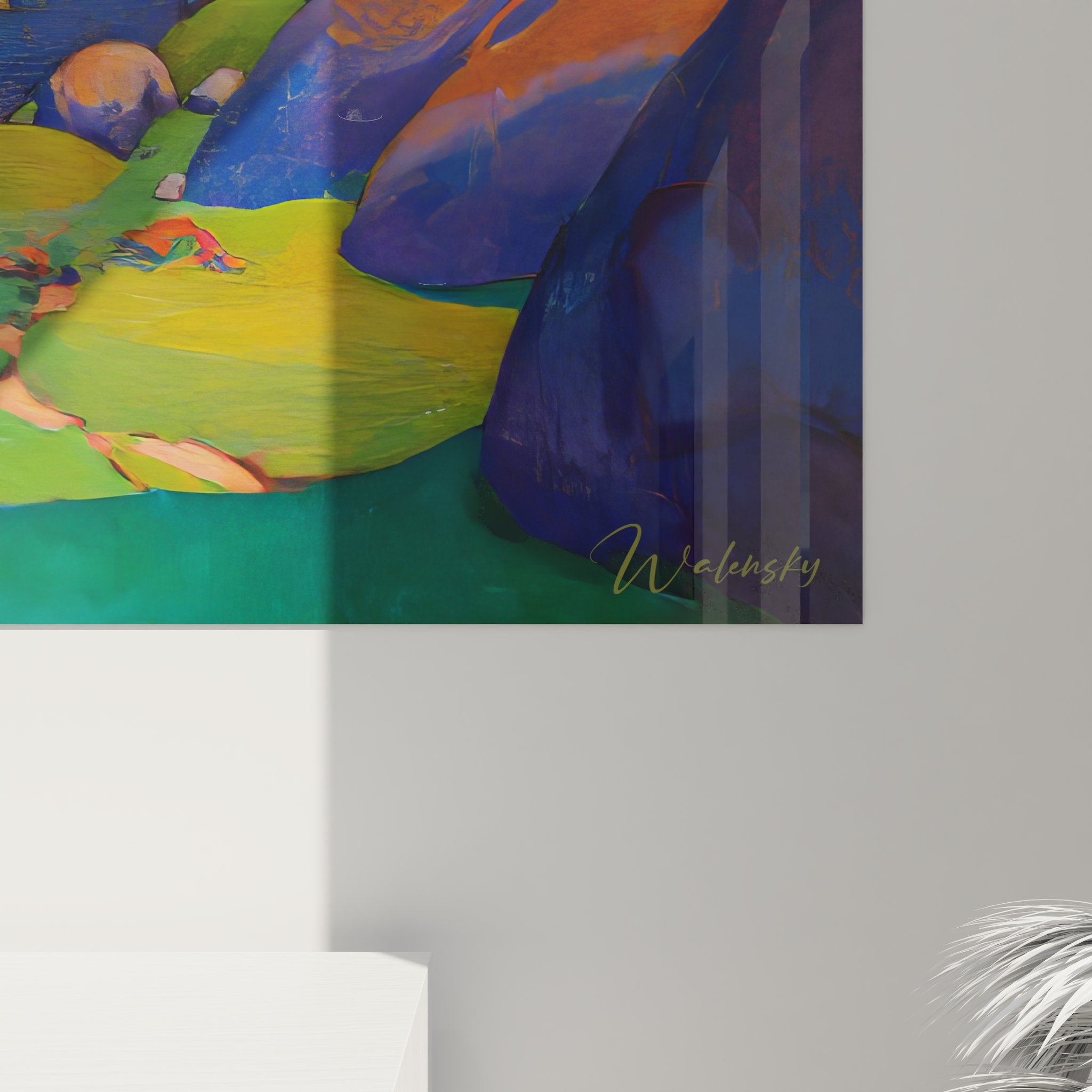 Vue ensemble tableau paysage village coloré, œuvre murale campagne style expressionniste moderne