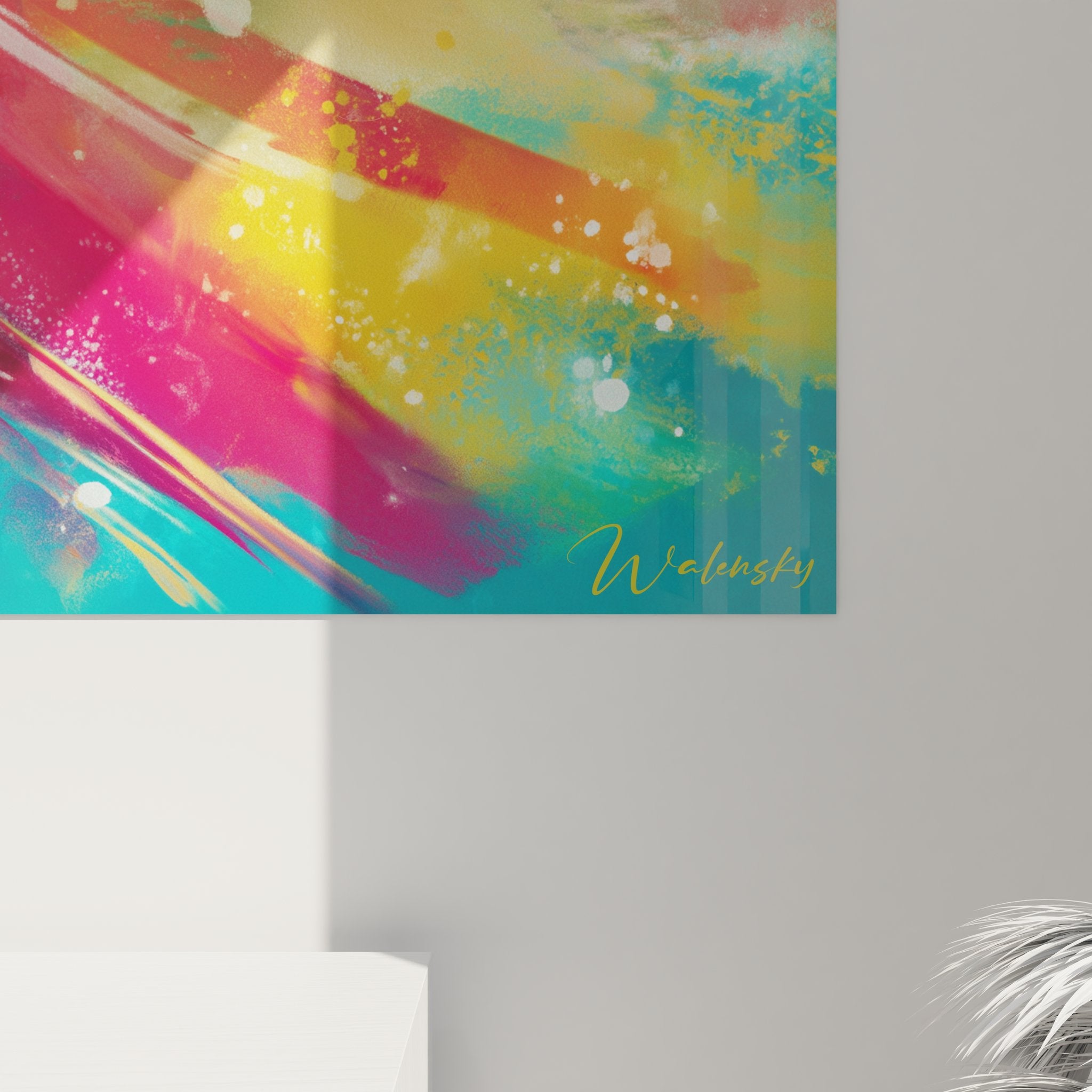 Vue ensemble tableau mural paysage volcan village, œuvre art décorative couleurs vives design