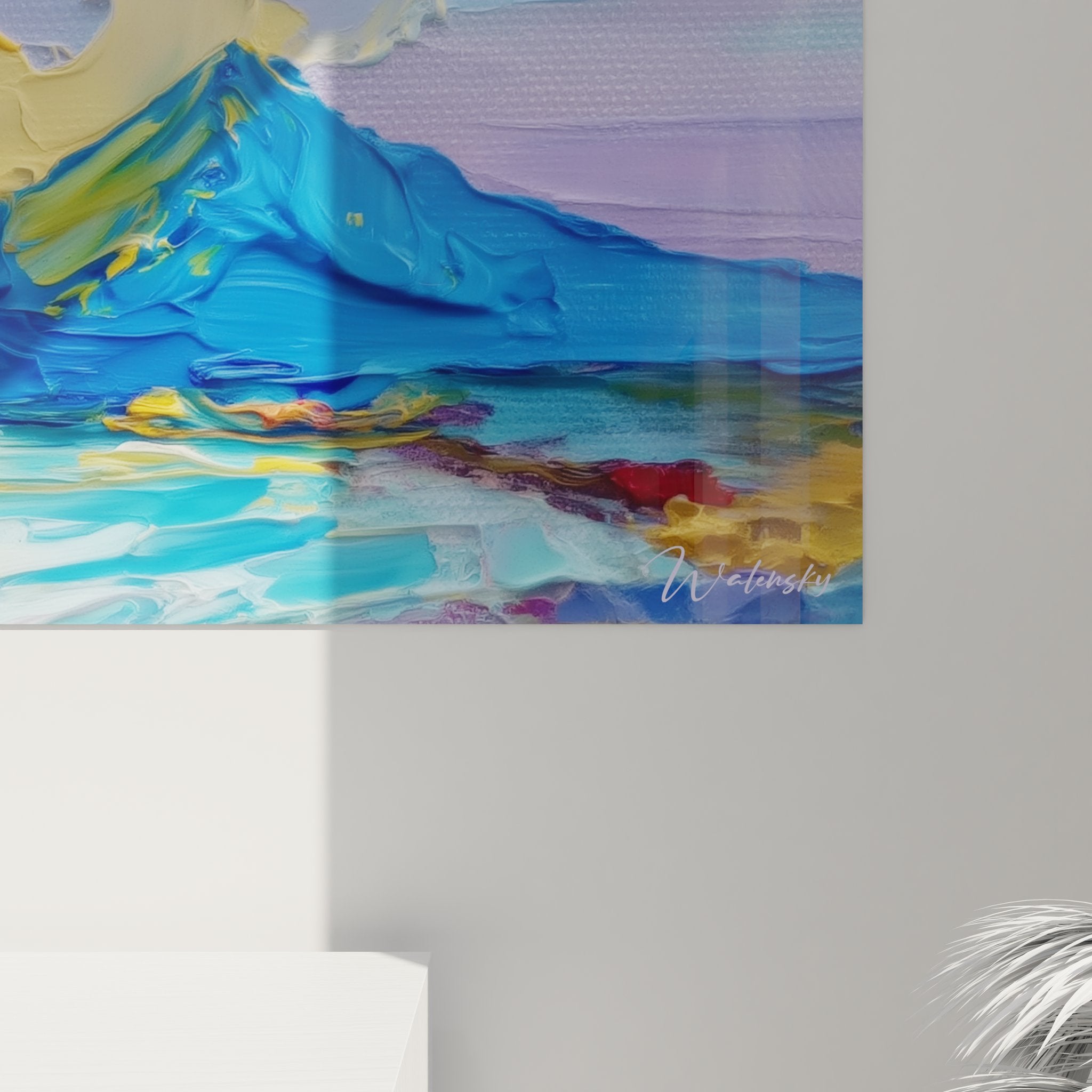 Vue d'ensemble tableau paysage volcanique abstrait avec nuances roses jaunes bleues