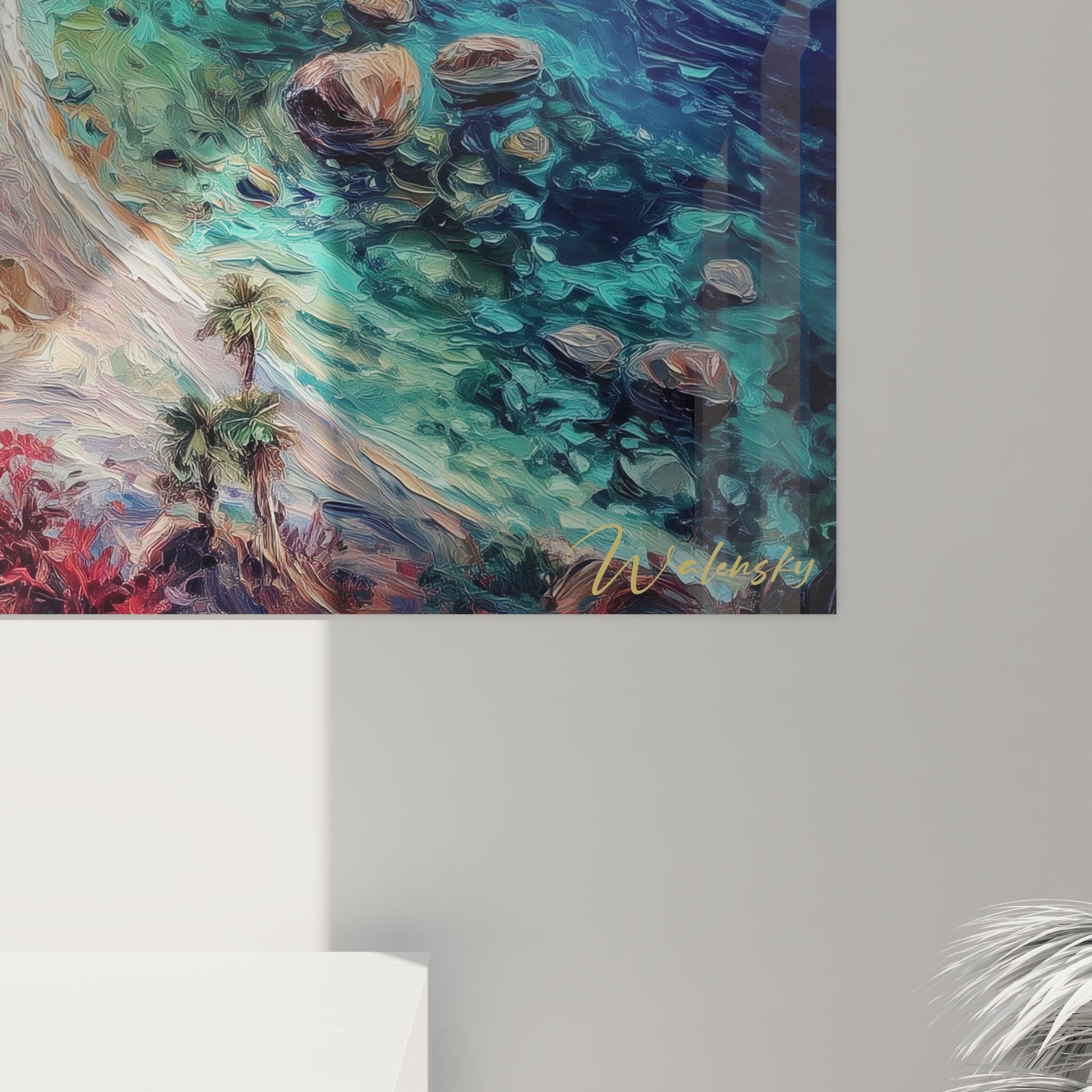 Vue ensemble tableau paysage volcanique tropical, œuvre art mural volcan décorative