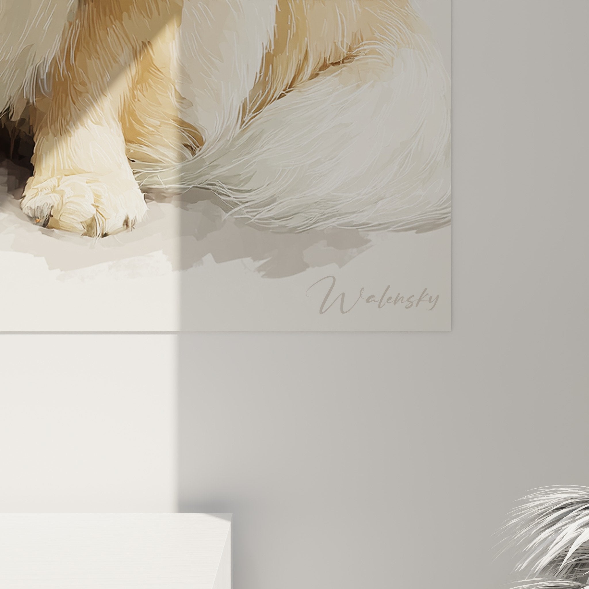 Vue d'ensemble tableau portrait Pekinois dans intérieur contemporain ambiance chaleureuse