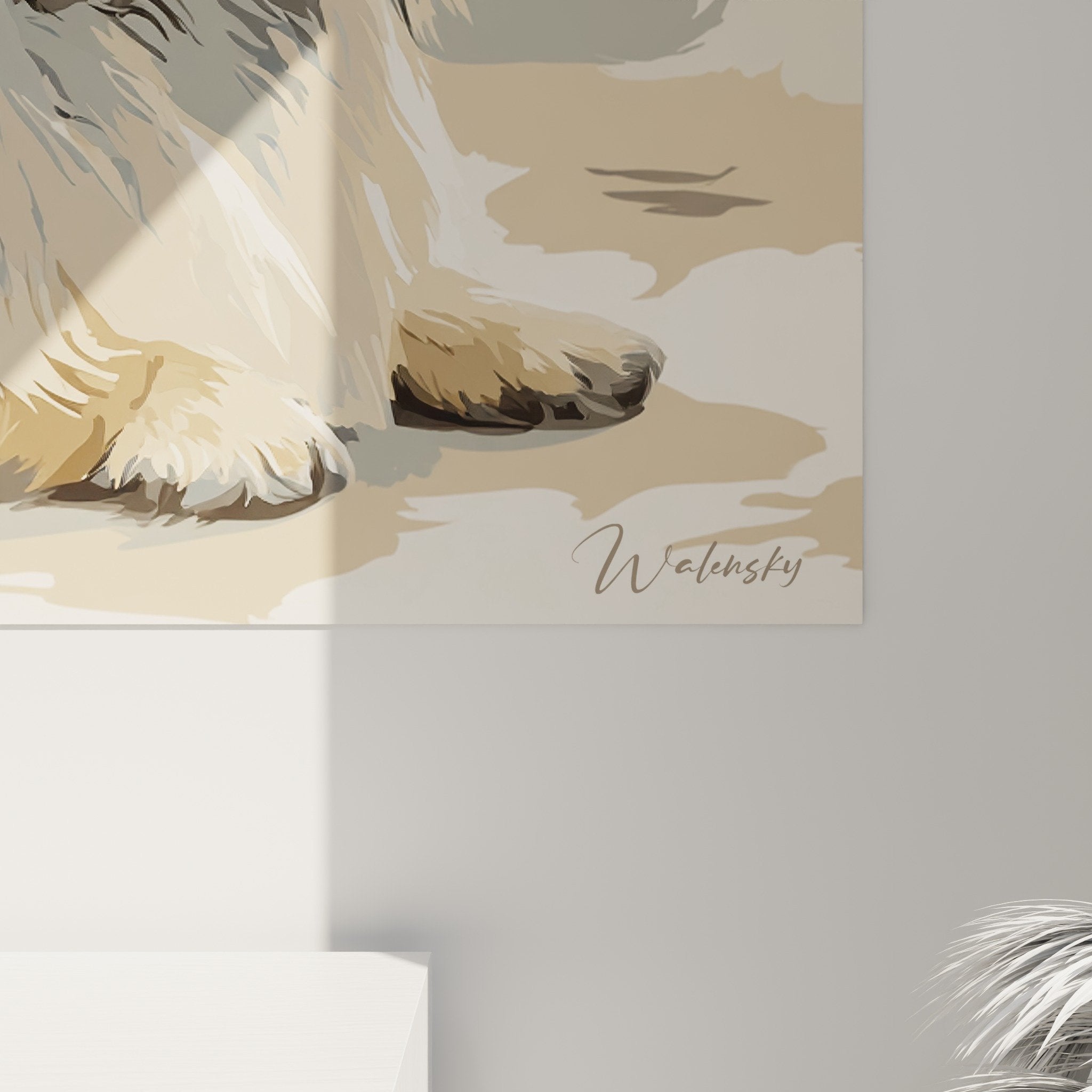 Vue d'ensemble tableau pékinois dans intérieur moderne, décoration murale canine raffinée