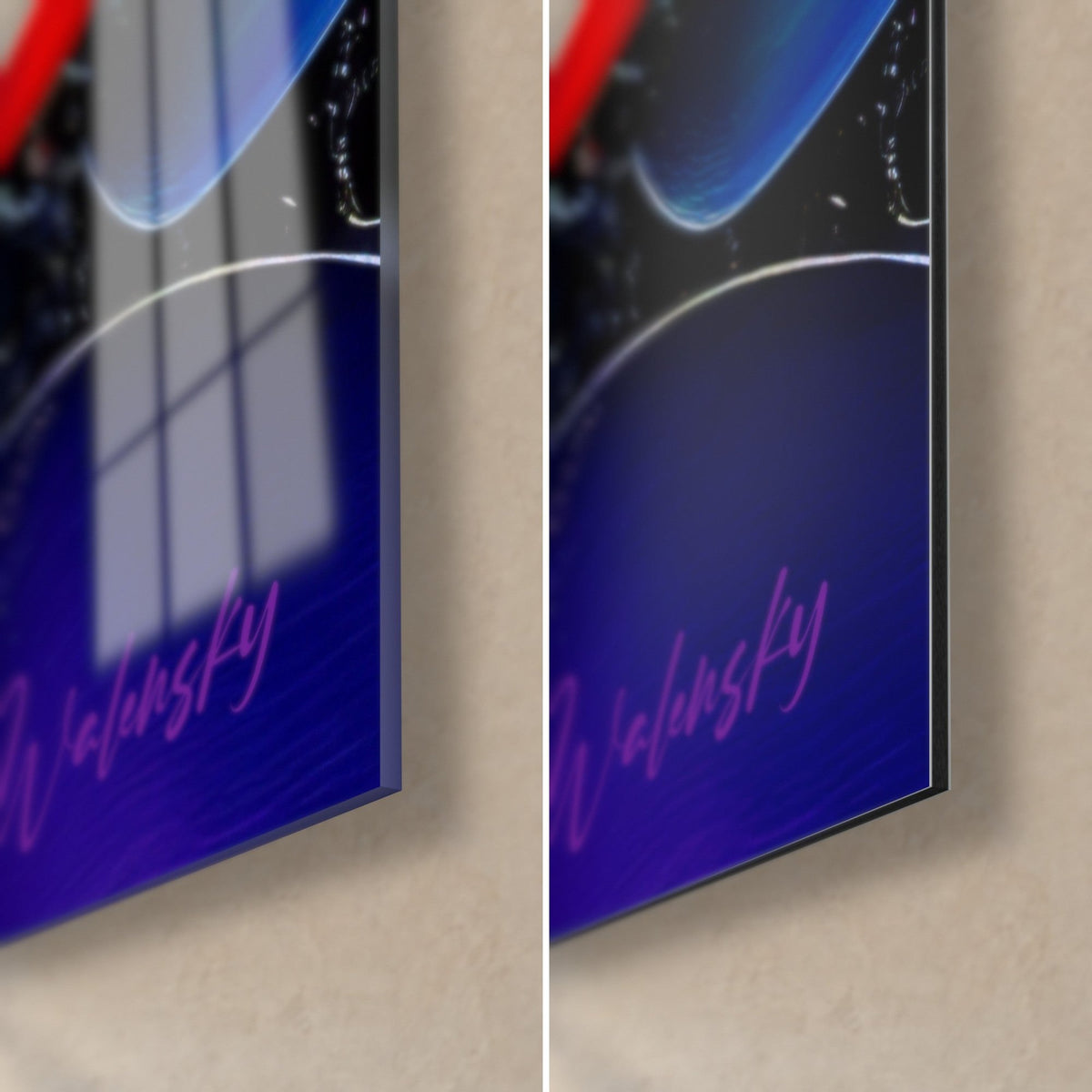 Tableau pétales bleu nuit et pourpre, signature Walensky, coin bas droit en verre brillant et alu Dibond mat, tranche 3 mm