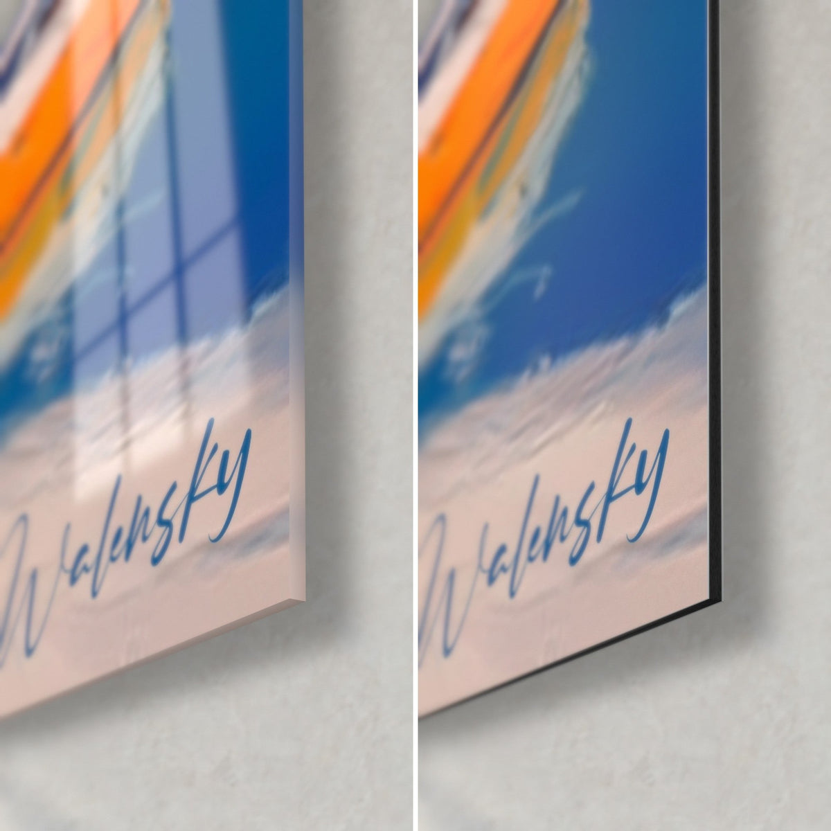 Quadro veliero arancione su laguna turchese, angolo in basso a destra, firma blu Walensky, vetro lucido e Dibond opaco