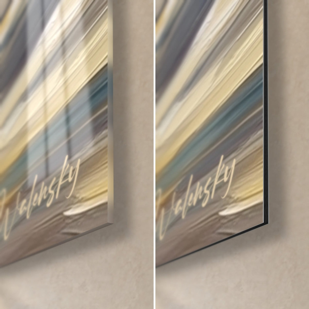 Wall art paradise bay, bottom right corner, slate blue and gold touches beneath the glossy glass on the left, matte Dibond on the right, 3 mm edge