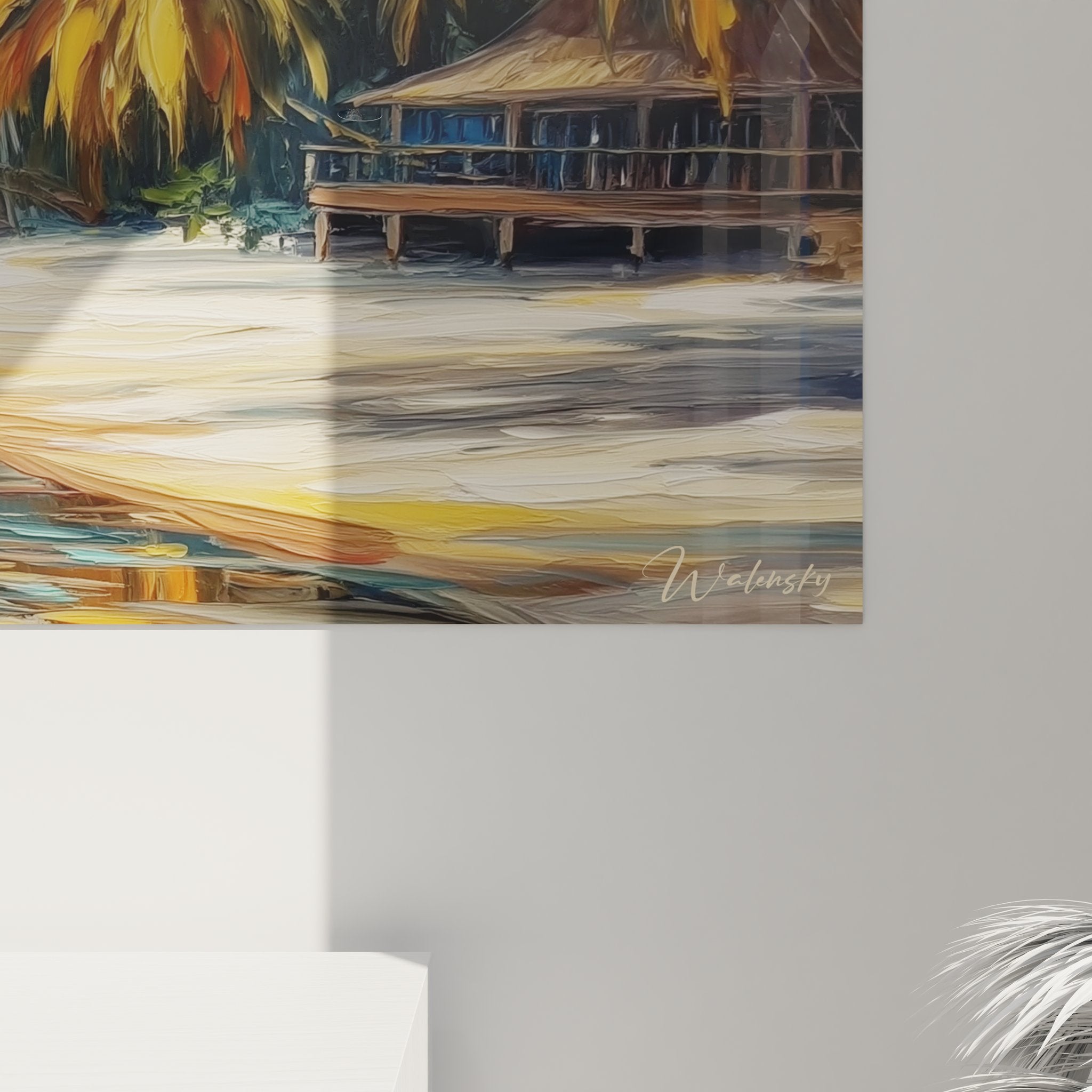 Vue ensemble tableau mural plage paradisiaque avec villa pilotis, palmiers et montagnes tropicales