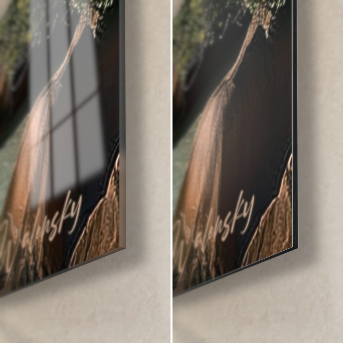 Wall art tropical beach, bottom right corner: copper-brown rock, gold signature, glossy glass reflecting the window, matte black Dibond