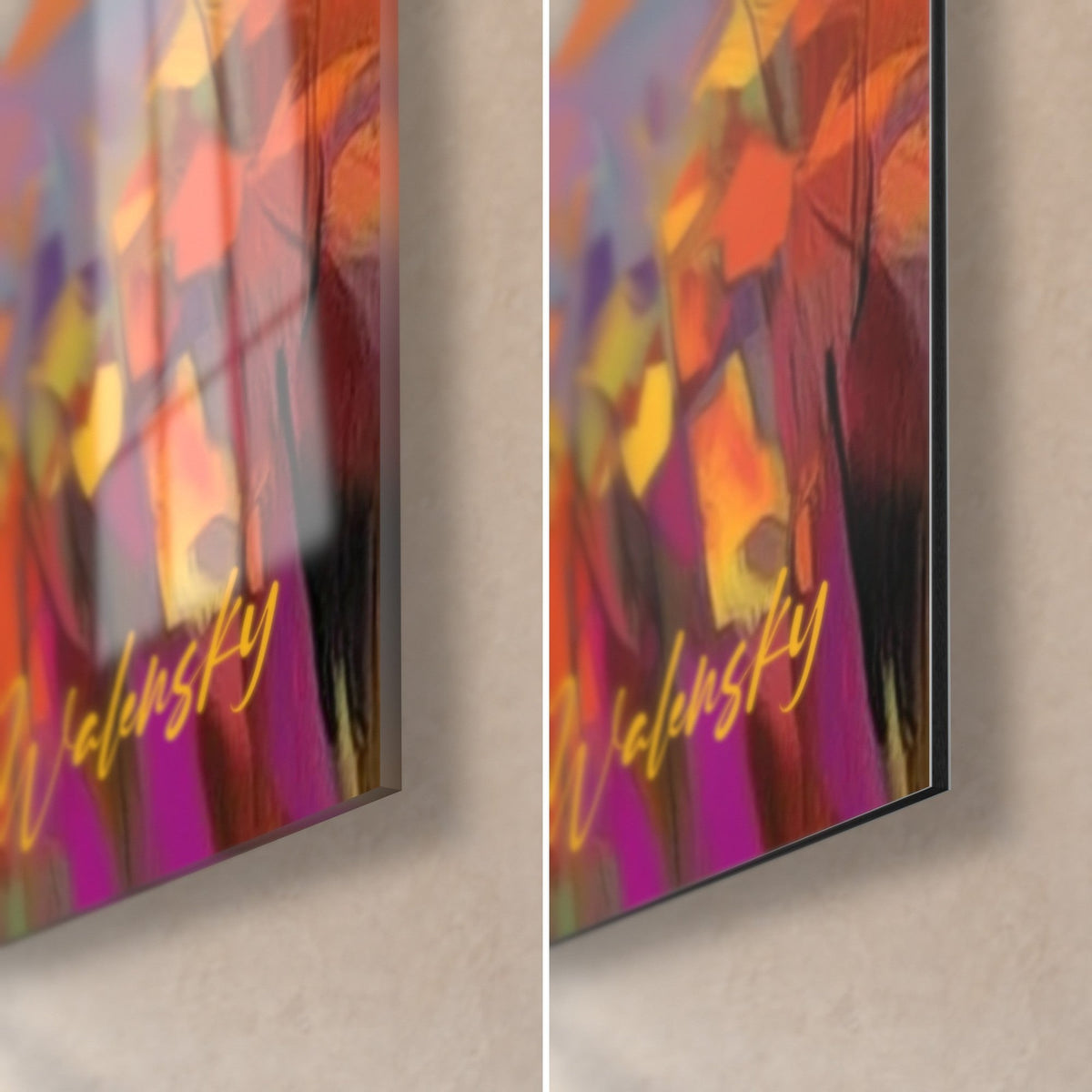 Wall art with amber grasses and magenta touches, bottom right corner: glossy acrylic glass reflecting light, matte Dibond aluminium, 3 mm edge