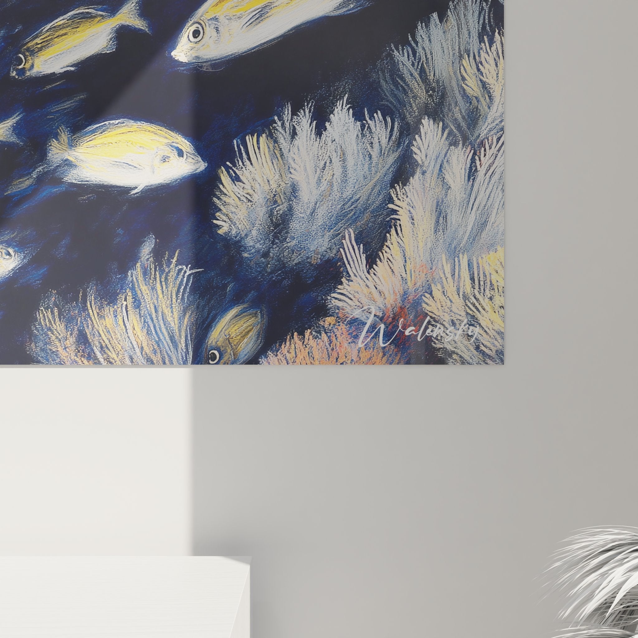 Vue ensemble tableau plongeur fonds marins coraux colorés décoration murale océanique art contemporain