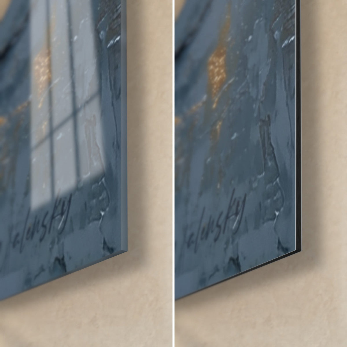 Wall art white feather, bottom right corner: glossy acrylic glass on the left, matte Dibond aluminium on the right, 3 mm edge, visible signature