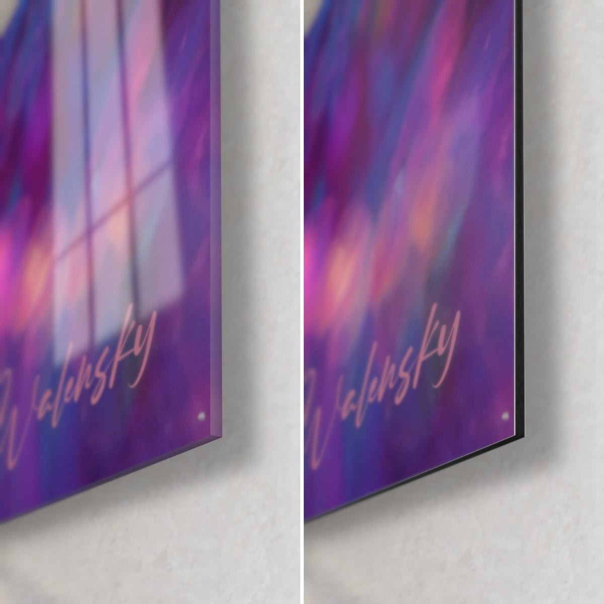 Quadro slancio cosmico viola e rosa, angolo in basso a destra: vetro lucido con riflessi, Dibond opaco, bordo da 3 mm