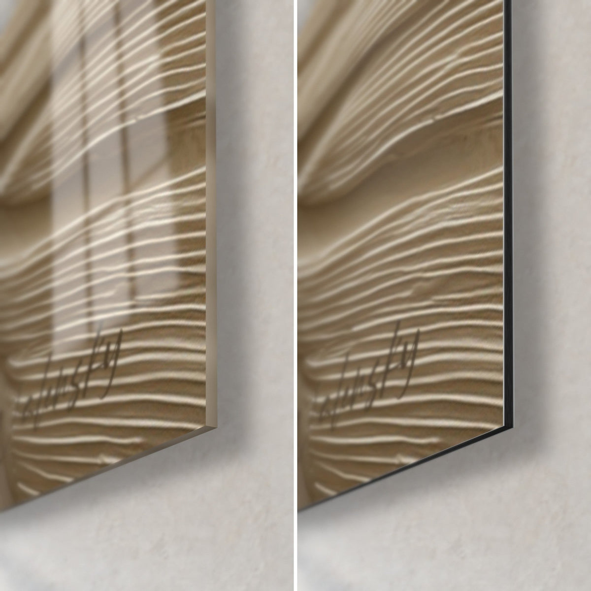 Schilderij met veerreliëf in beige en ivoor, onderste rechterhoek: glanzend acrylglas links, mat Dibond rechts, 3 mm rand