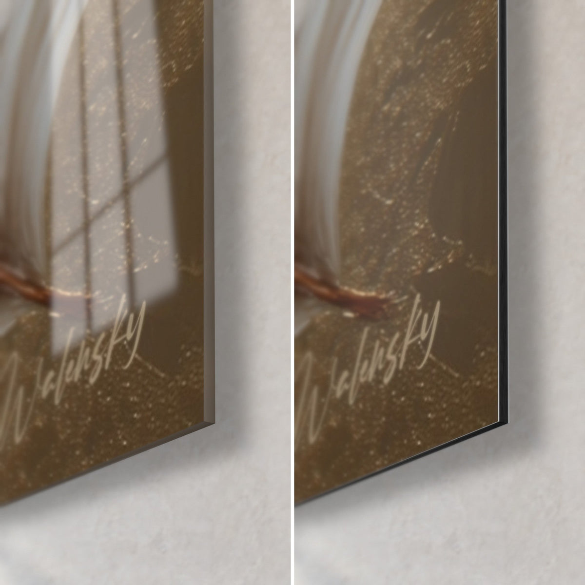 Wall art with white and gold feathers, bottom right corner: glossy glass on the left, matte Dibond on the right, 3 mm edge