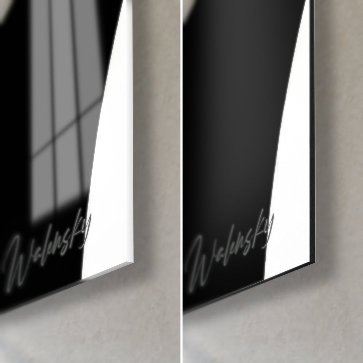 Black and white graphic greyhound wall art, bottom right corner: glossy acrylic glass with reflections on the left, matt Dibond on the right, 3 mm edge