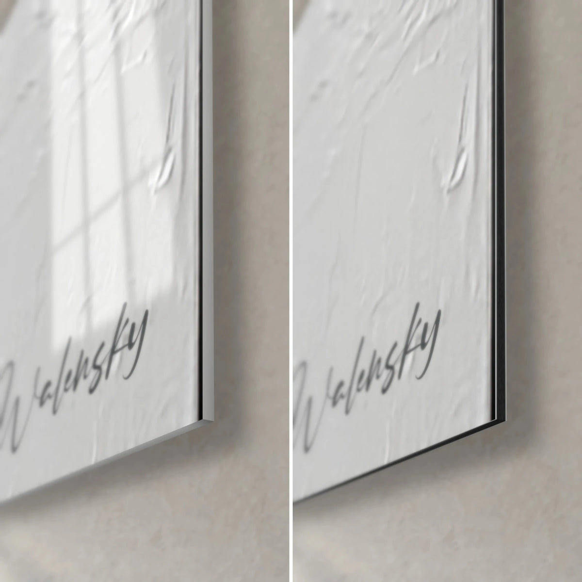 Quadro ritratto in materia bianca e nera, angolo in basso a destra: vetro acrilico lucido a sinistra, Dibond opaco a destra, firma Walensky