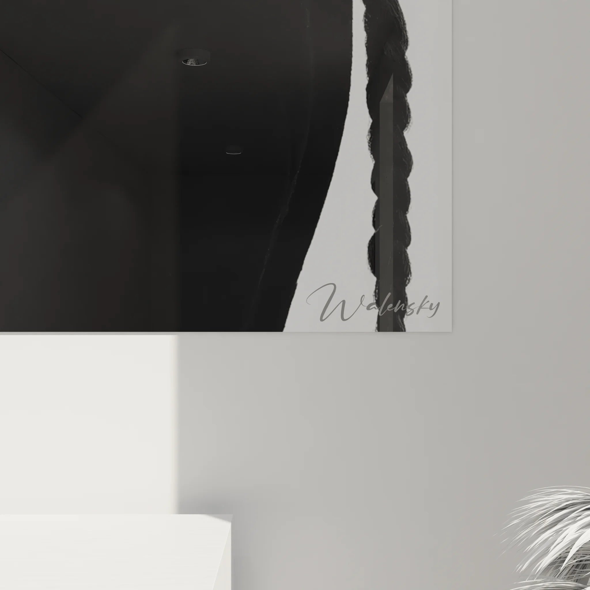 Vue ensemble tableau portrait féminin profil, œuvre décorative noir et blanc murale