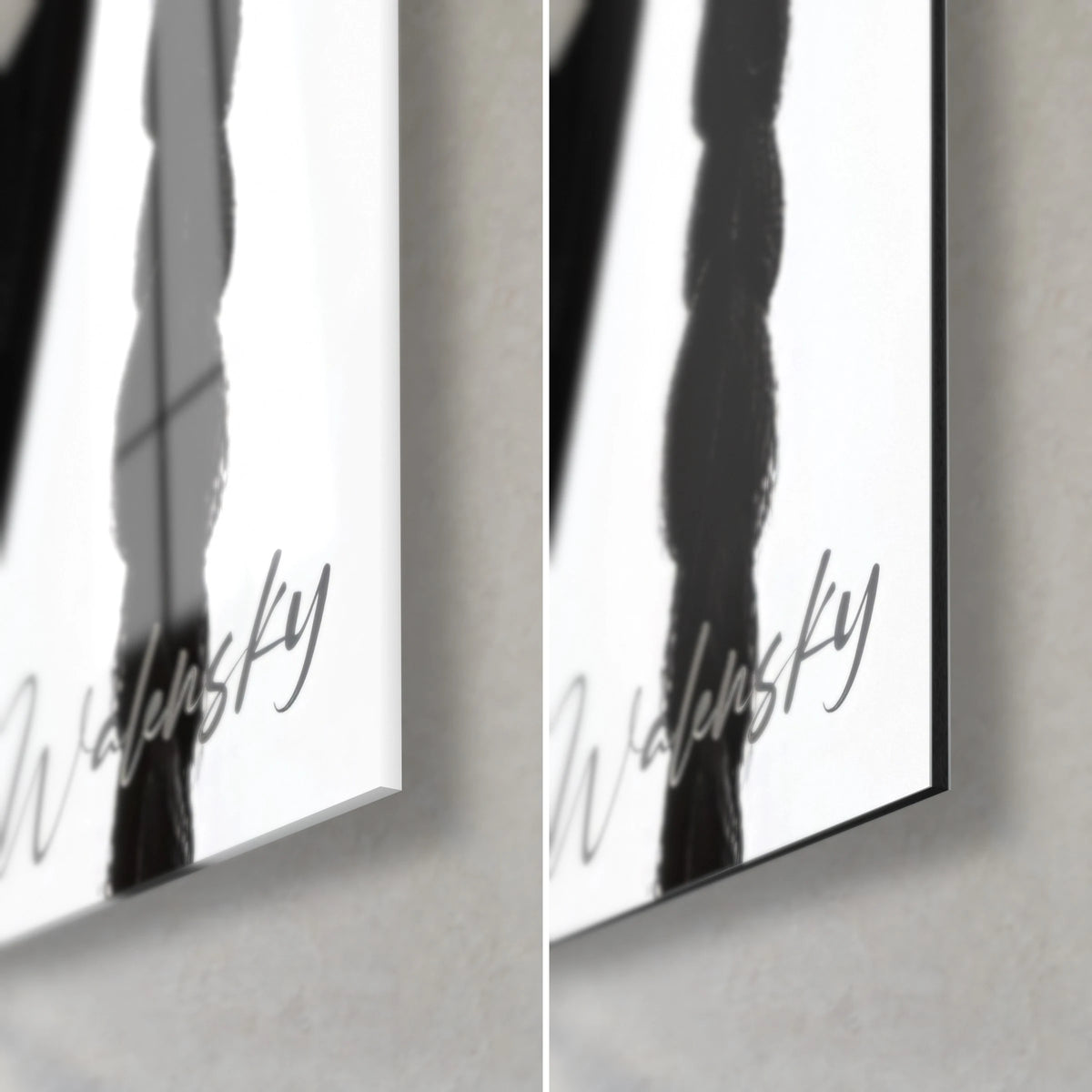 Schilderij vrouwensilhouet met ebbenhouten vlecht, rechtsonder: glanzend acrylglas links, mat zwart Dibond rechts