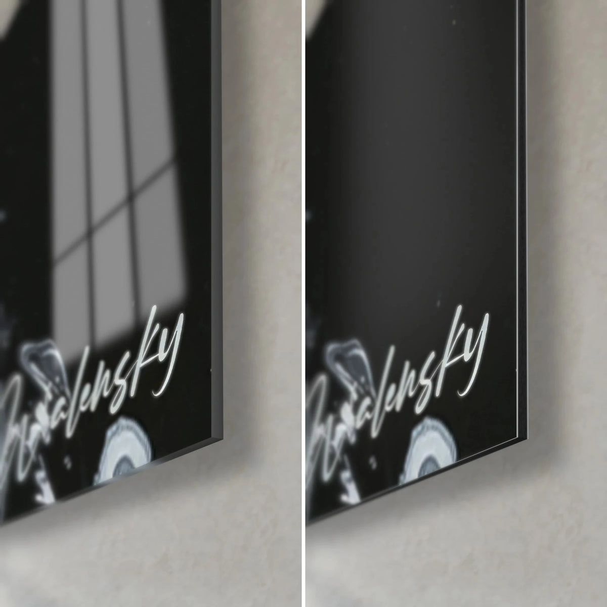 Wall art introspective woman, bottom right corner: glossy acrylic glass with reflections, matte black Dibond, 3 mm edge and white signature