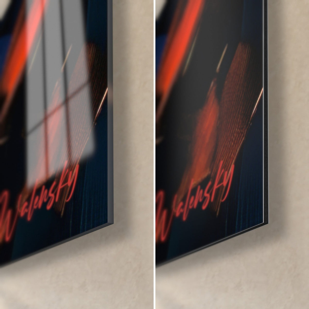 Tableau visage de femme aux coups de couteau rouge et bleu nuit, signature Walensky, coin bas droit en verre brillant et Dibond mat