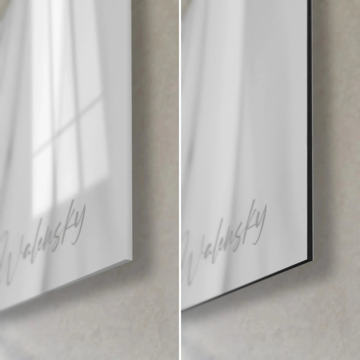 Wall art of a veiled face in white and grey, bottom right corner: glossy acrylic glass on the left, matte Dibond on the right, 3 mm edge
