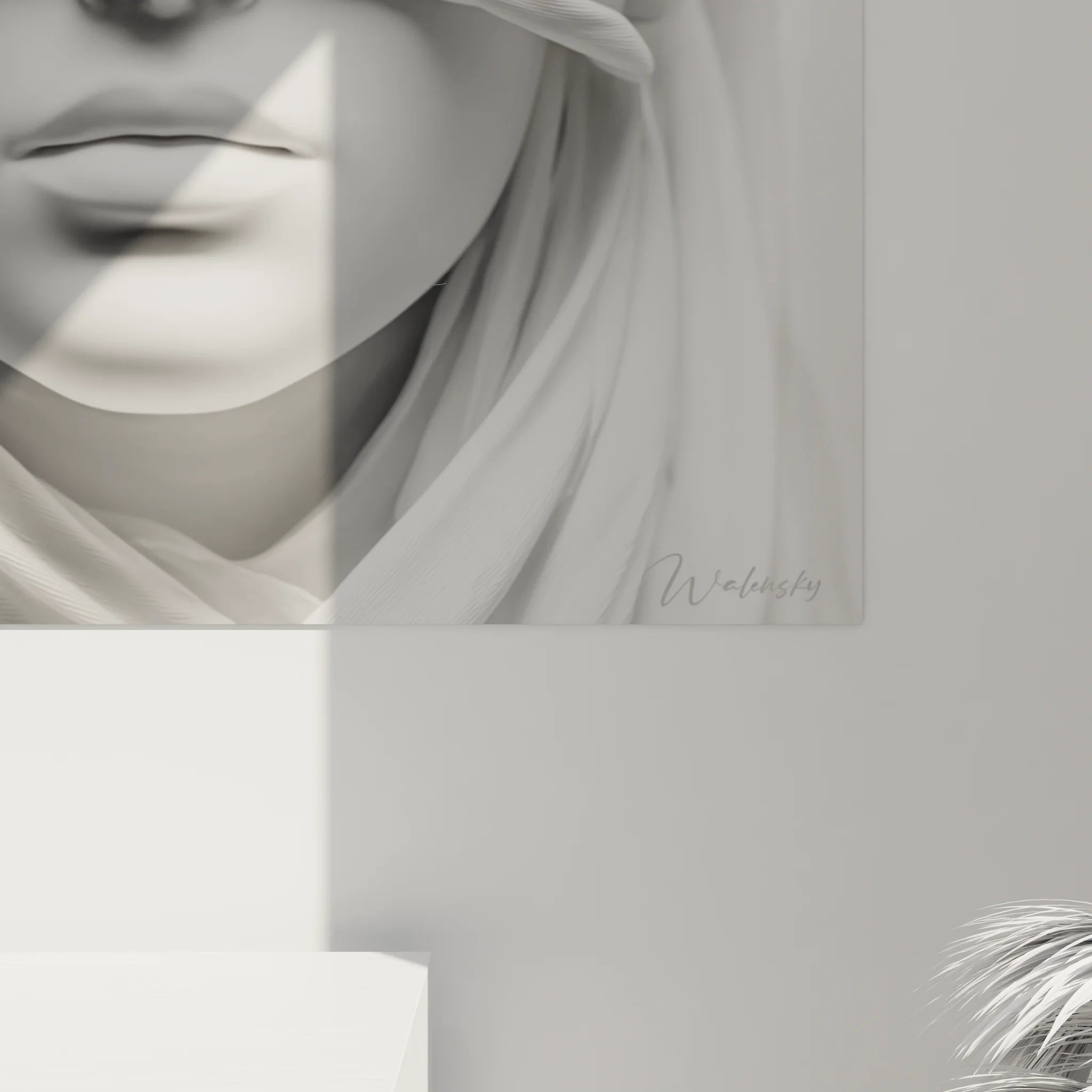 Vue ensemble tableau visage féminin mystérieux noir et blanc décoration intérieure moderne