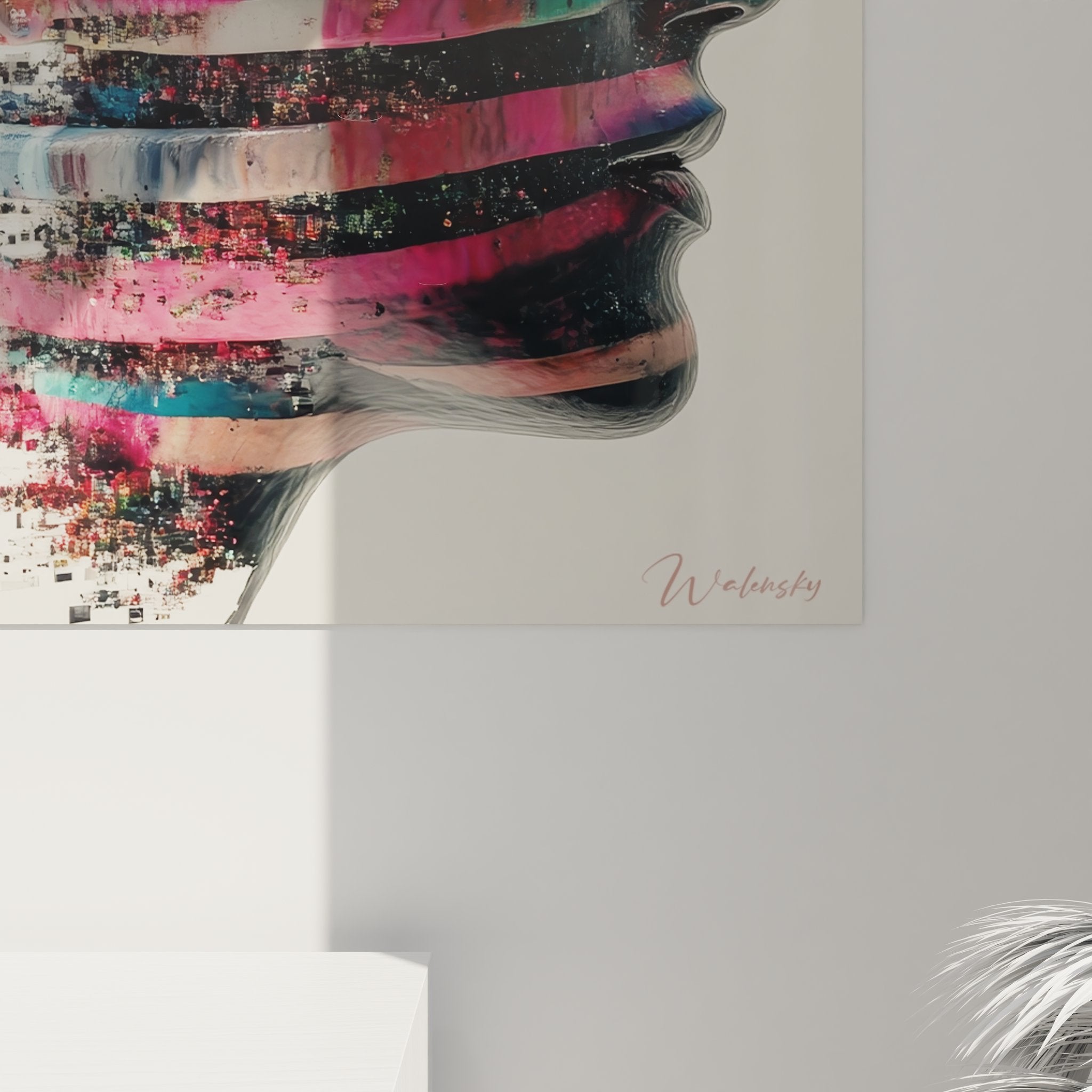 Vue d'ensemble tableau mural profil humain fragmentation digitale - œuvre d'art moderne collection adn