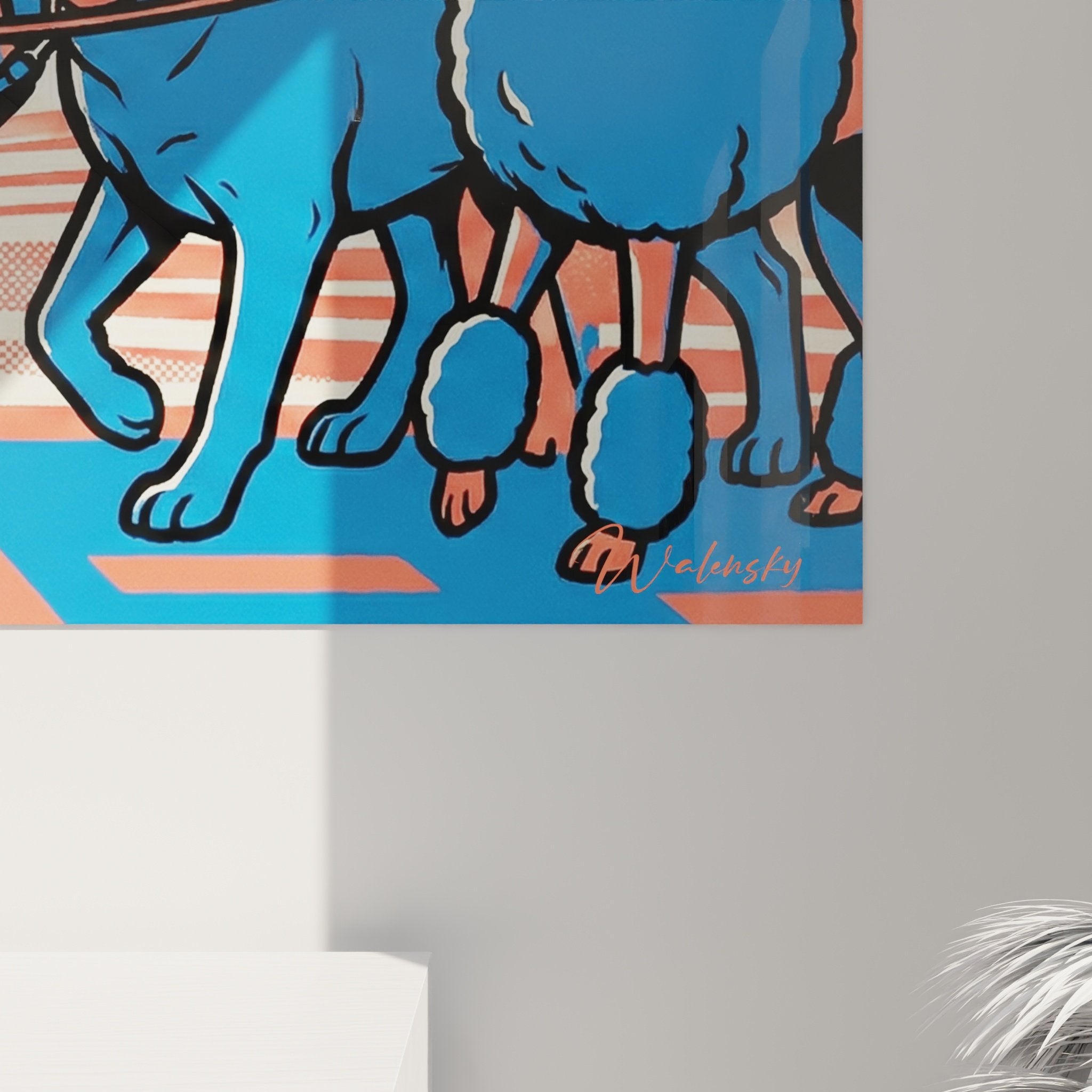 Übersicht dekoratives Gemälde Hundeweg Comic-Stil mit Palette Korallenrot und ElektroBlau