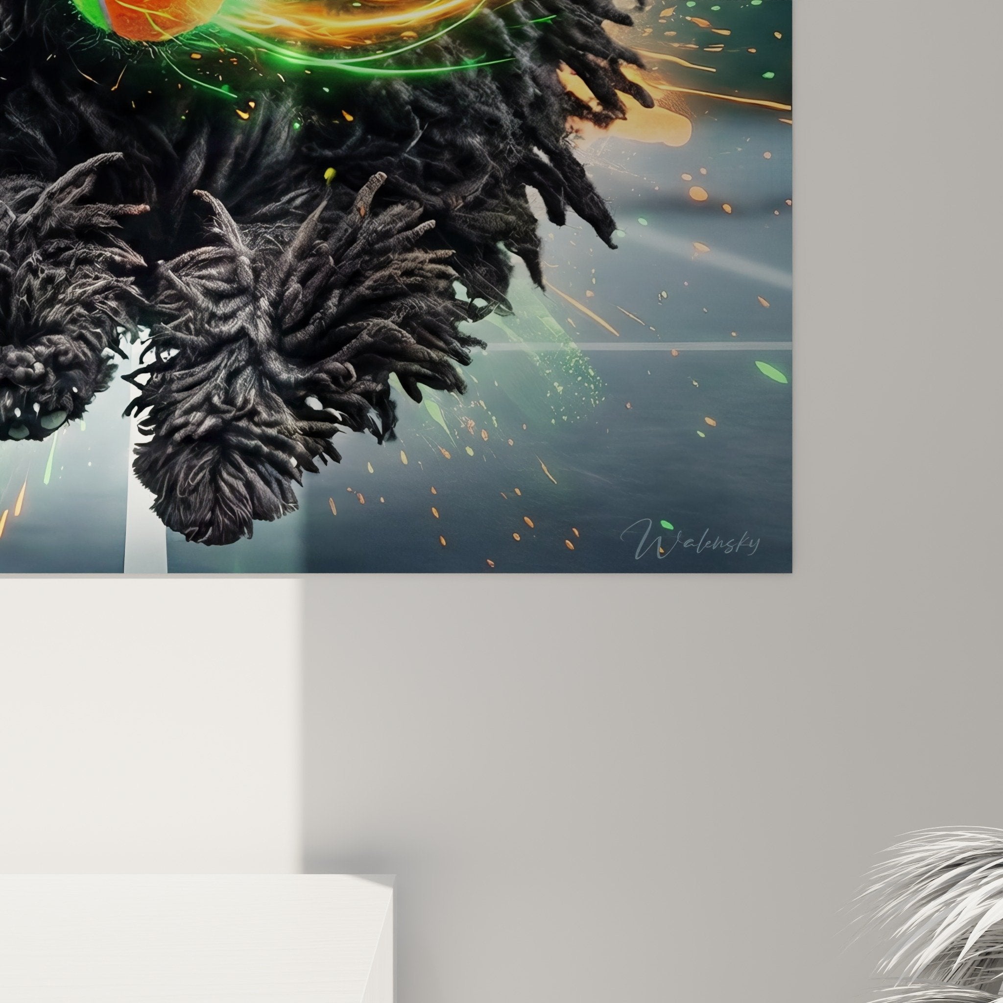 Vue d'ensemble du tableau Puli avec effets spéciaux orange et verts dans un intérieur contemporain