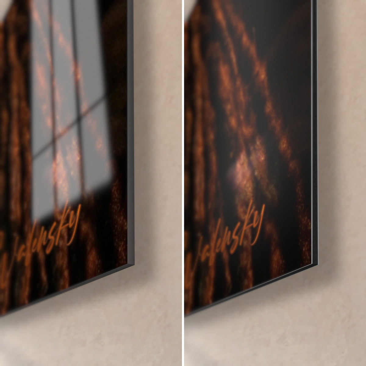 Wall art of a dog with black and copper dreadlocks, bottom right corner, glossy acrylic glass on the left, matte aluminium Dibond on the right, 3 mm edge