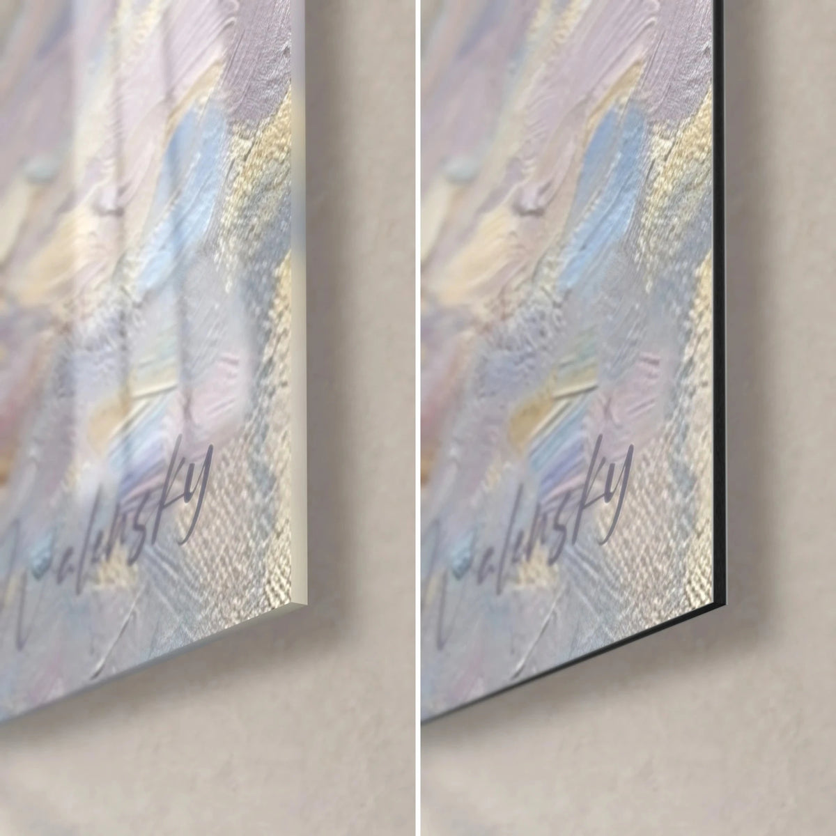 Schilderij roeiboot in olieverf, rechtsonder hoek: glanzend glas links, mat zwart Dibond rechts, rand van 3 mm