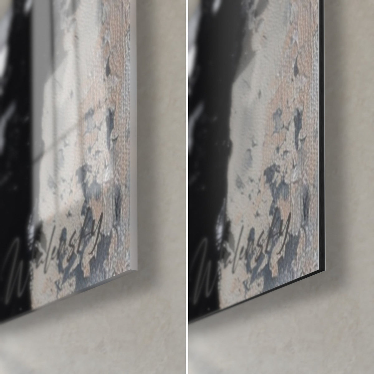 Quadro con strisce nere opache, bianco cremoso e tocchi rosati, angolo in basso a destra: vetro lucido a sinistra, Dibond opaco a destra