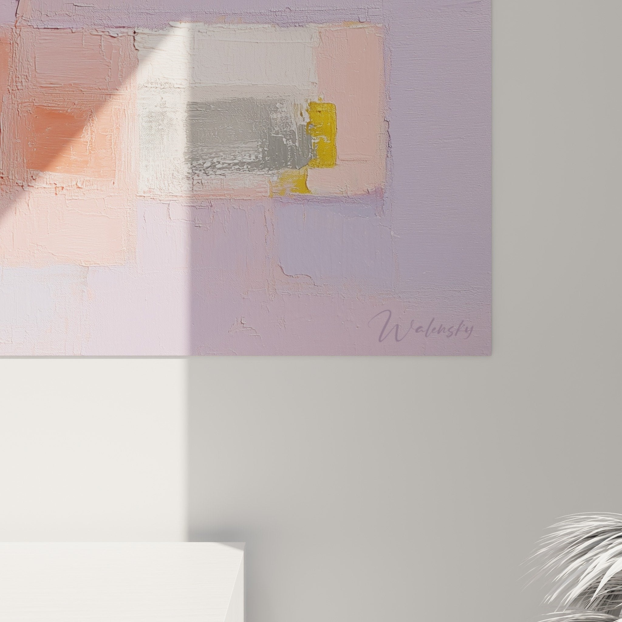 Vue ensemble tableau abstrait rectangles multicolores roses oranges violets composition