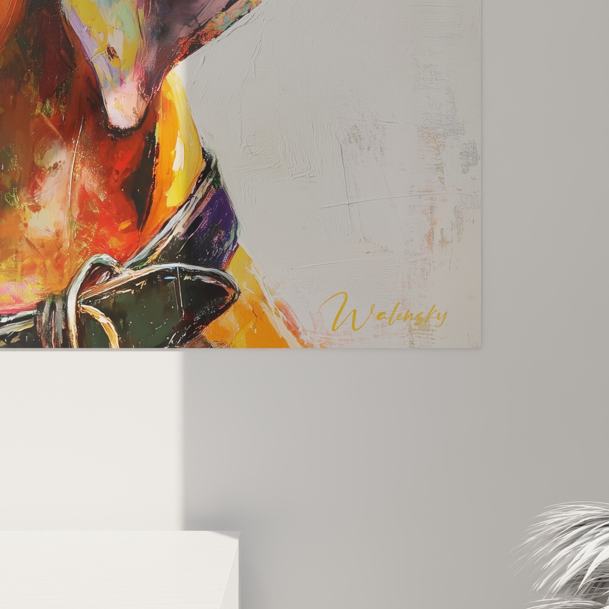 Vue d'ensemble du tableau Rhodesian Ridgeback artistique dans un intérieur moderne